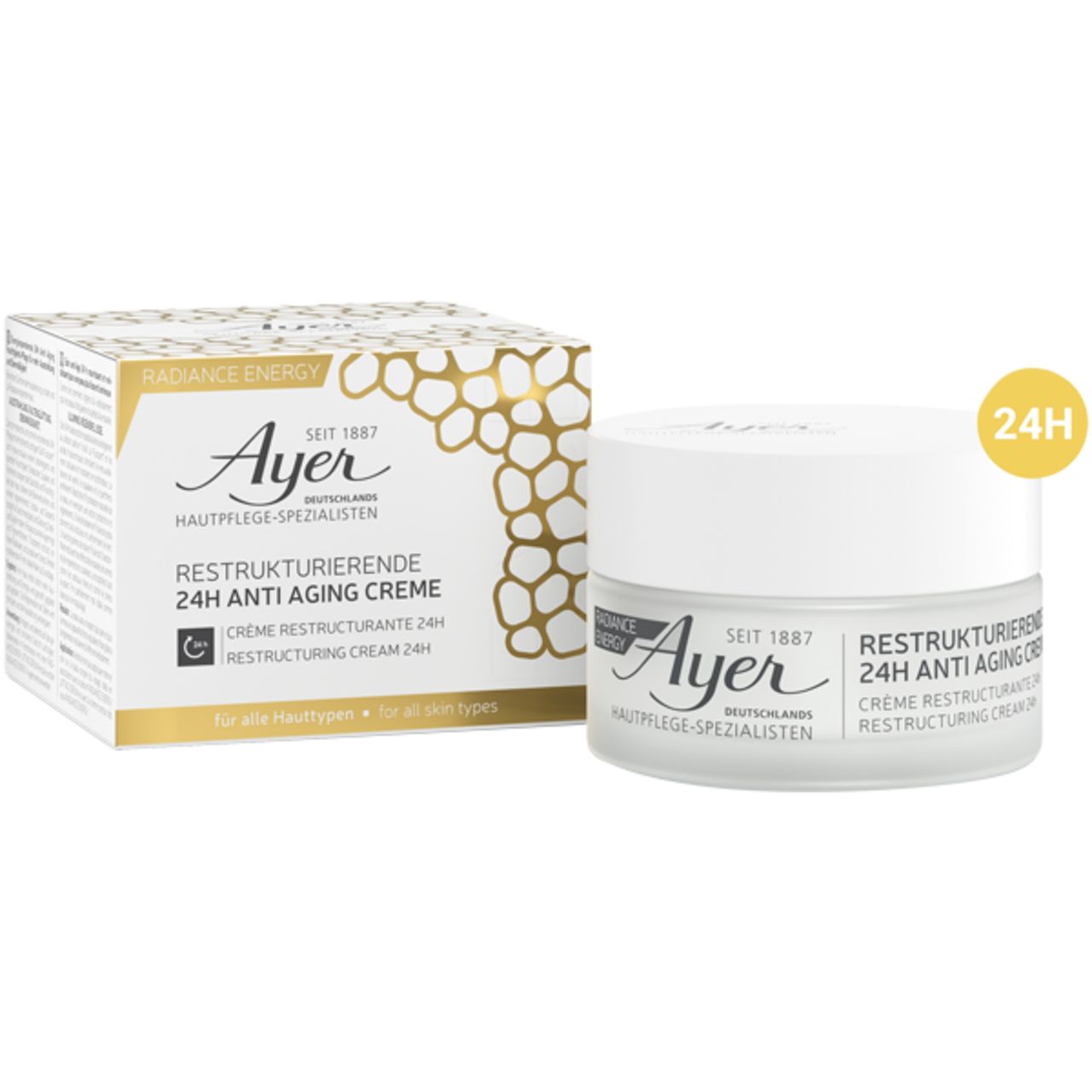 Creme und Verpackung. Aufschrift: Ayer, Restrukturierende 24h Anti Aging Creme. Mit 24h-Symbol. Für alle Hauttypen.