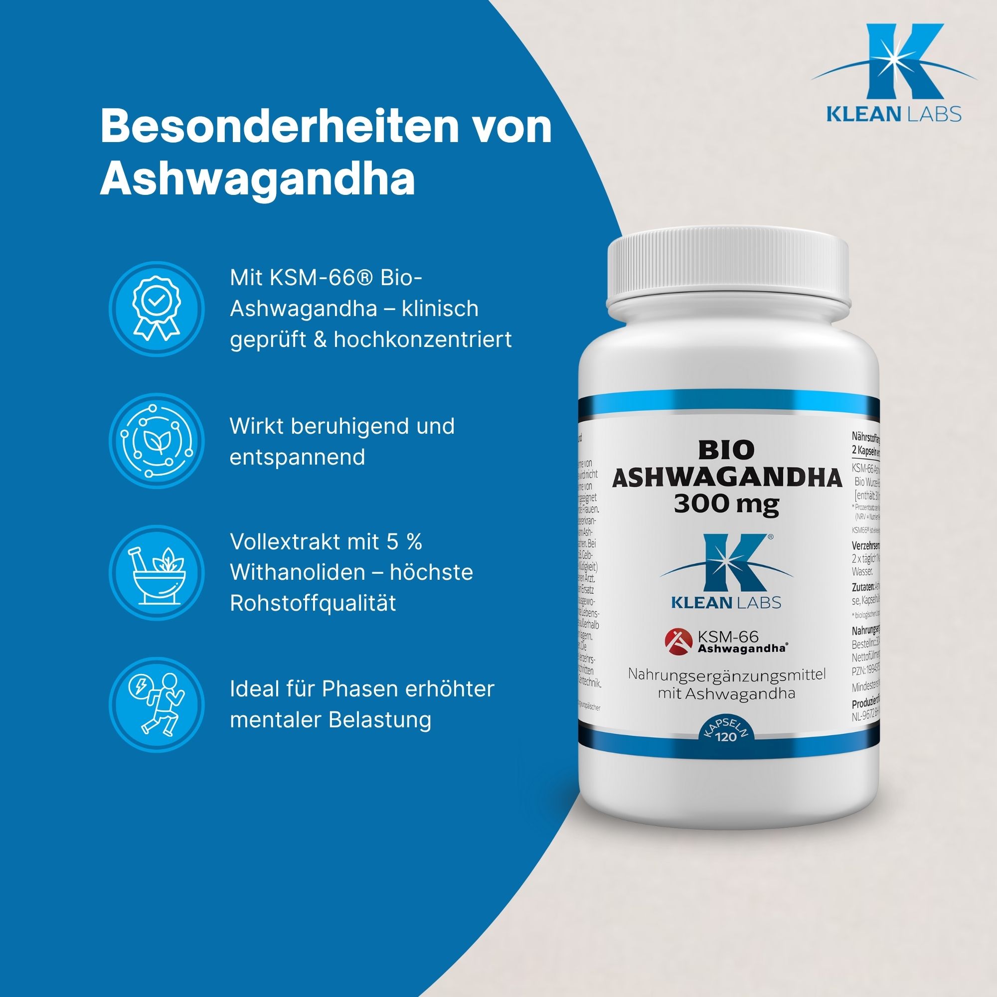 Flasche mit Kapseln neben Infografik. Text: BIO Ashwagandha 300 mg, Klean Labs. Vorteile: KSM-66, beruhigend, 5% Withanolide.