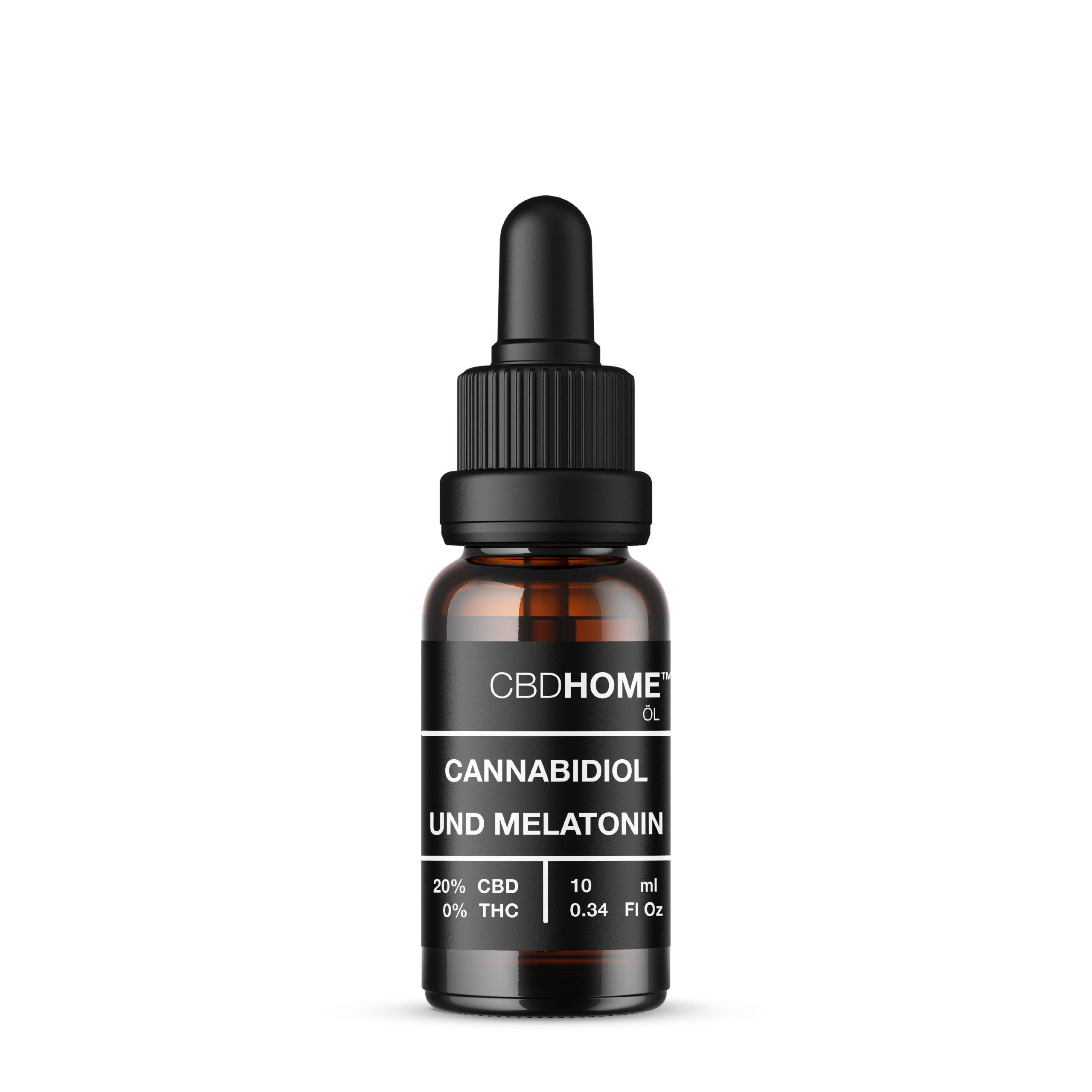 Flasche mit CBD-Öl und Pipette. Etikett zeigt 20% CBD, 0% THC und 10ml.