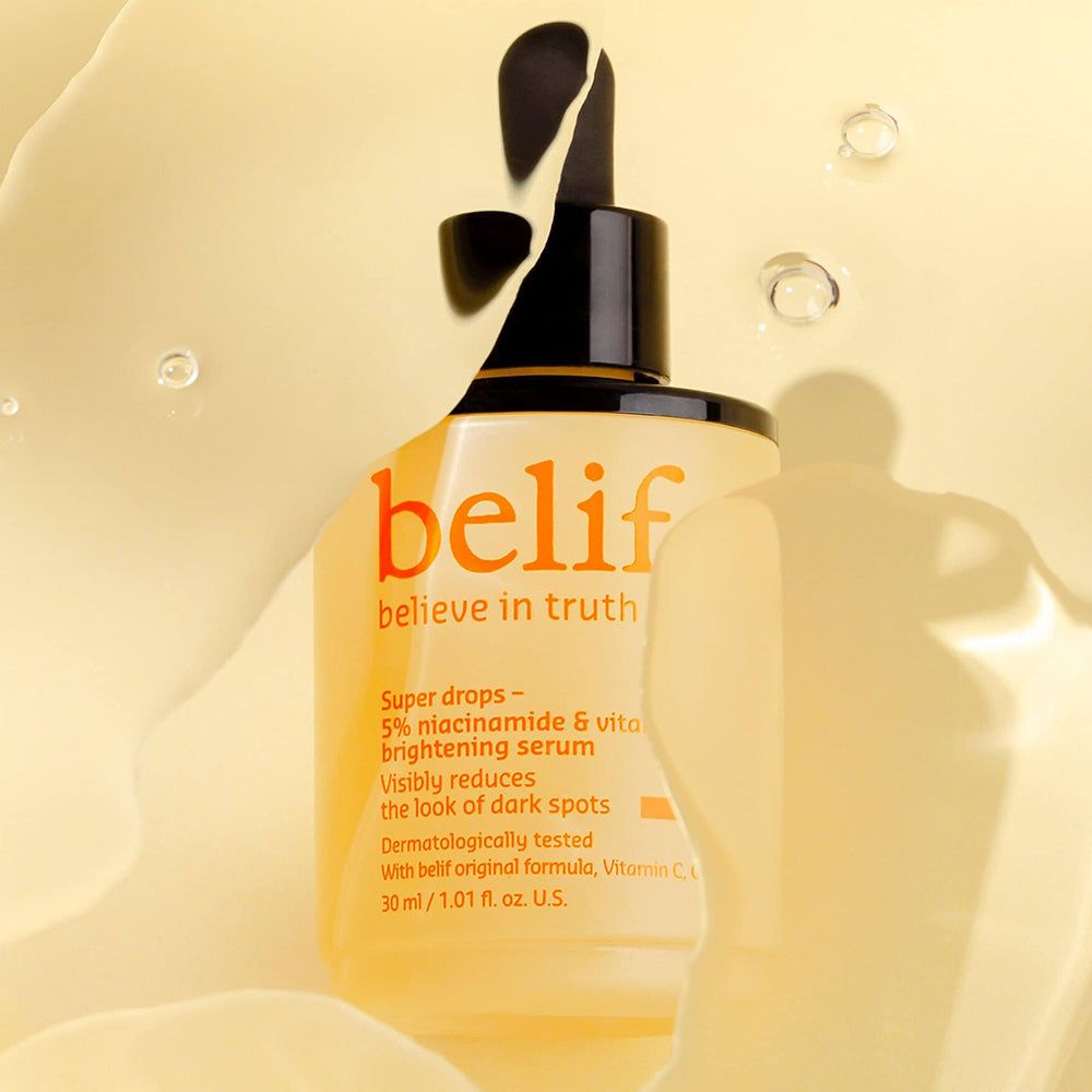 Belif Super Drops Serumflasche mit Pipette und Text.