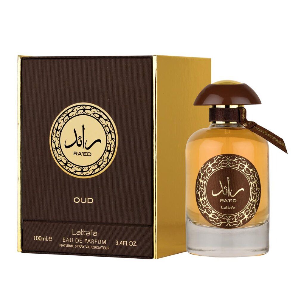 Parfümflakon mit braunem Deckel und Verpackung. Aufschrift: Ra'ed Oud Lattafa Eau de Parfum.