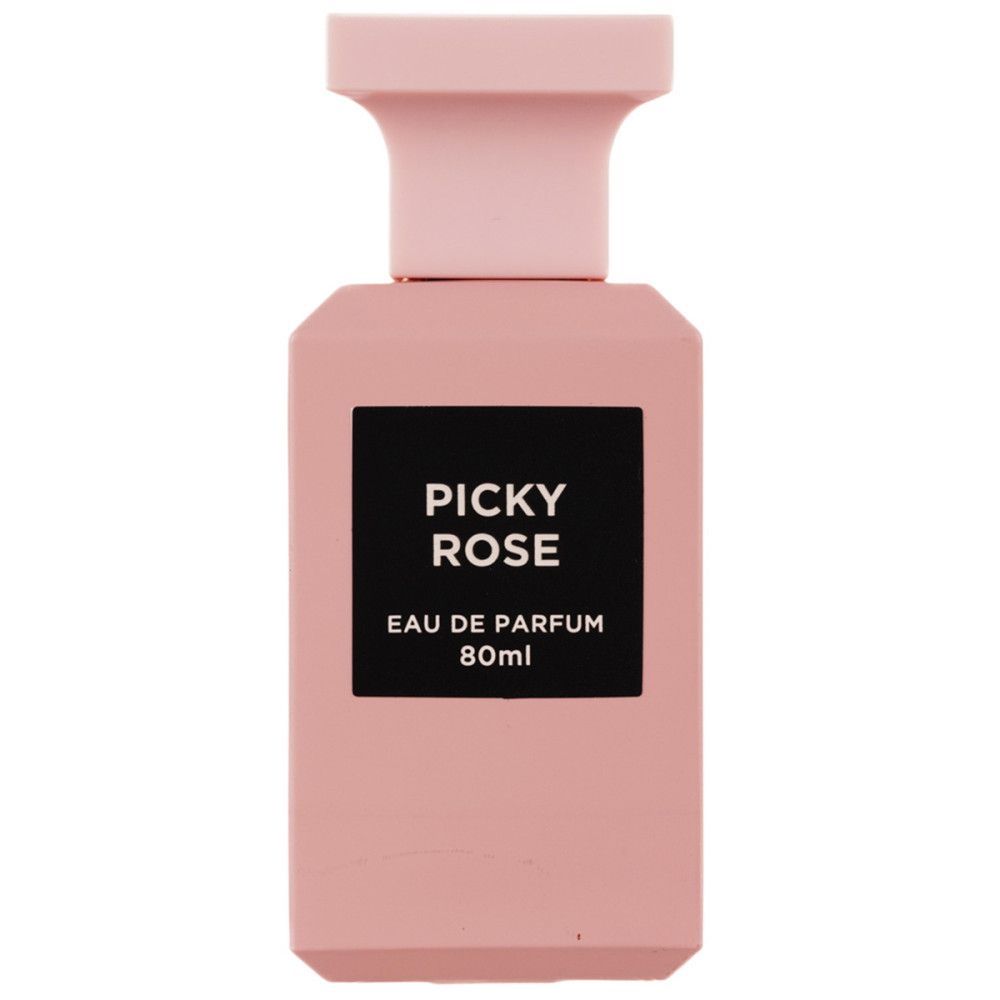 Rosa Flakon mit schwarzem Etikett. Text: Picky Rose Eau de Parfum 80ml.