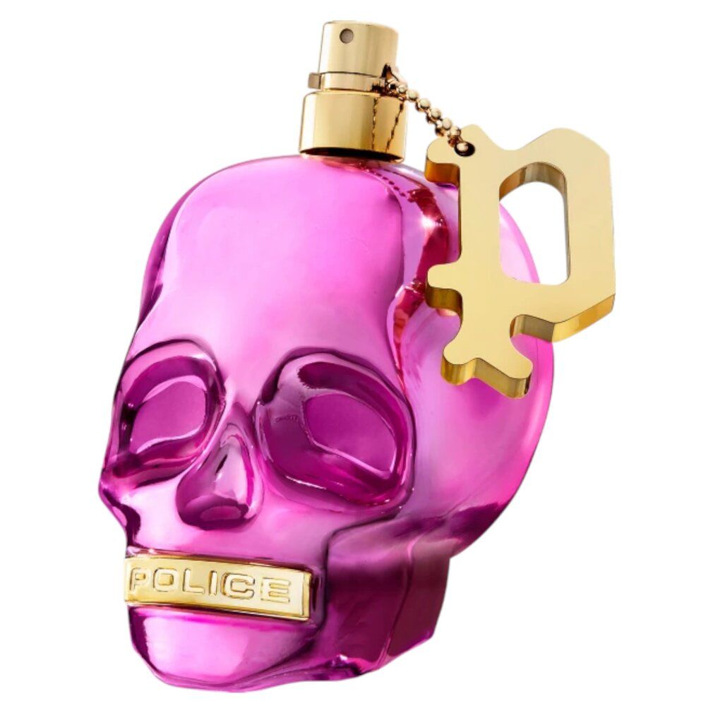 Pinke Totenkopf-Parfümflasche mit goldenem Anhänger und silbernem Sprühkopf.