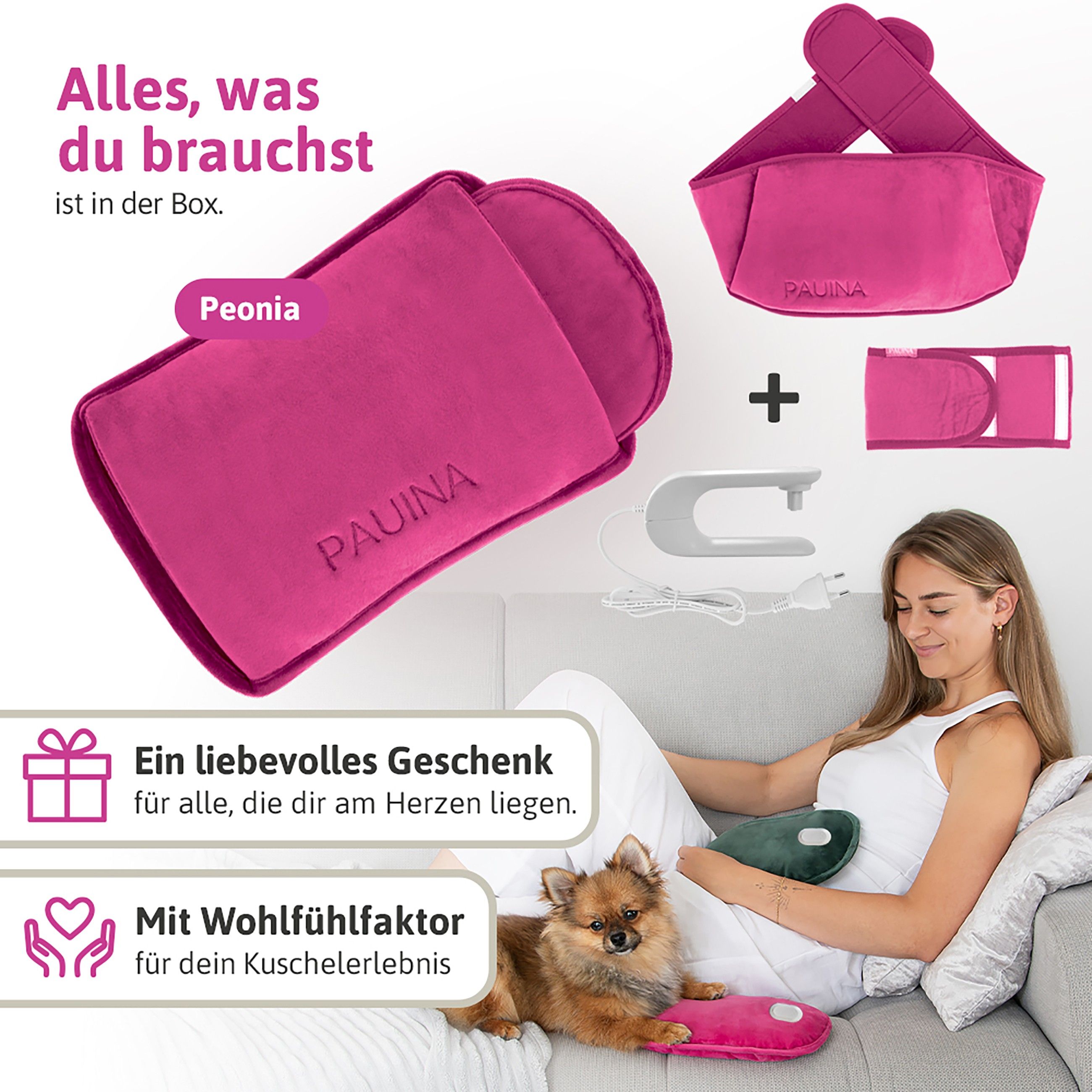 Frau auf Sofa mit Wärmflasche. Zubehör: Stoffbeutel, Heizstab. Text: Alles, was du brauchst, ist in der Box.