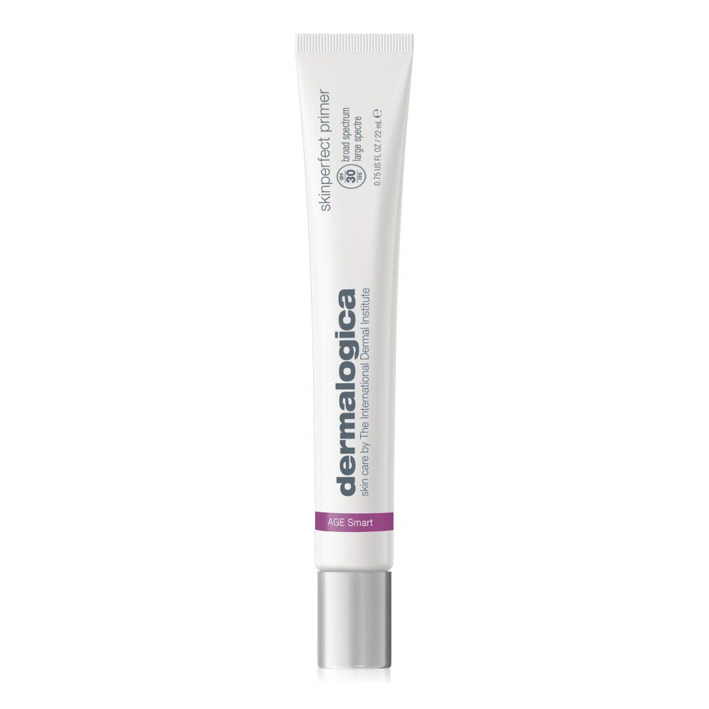 Weisse Tube mit silbernem Verschluss. Aufschrift: Dermalogica, Skinperfect Primer SPF30. Lila Akzent. Text: AGE Smart.