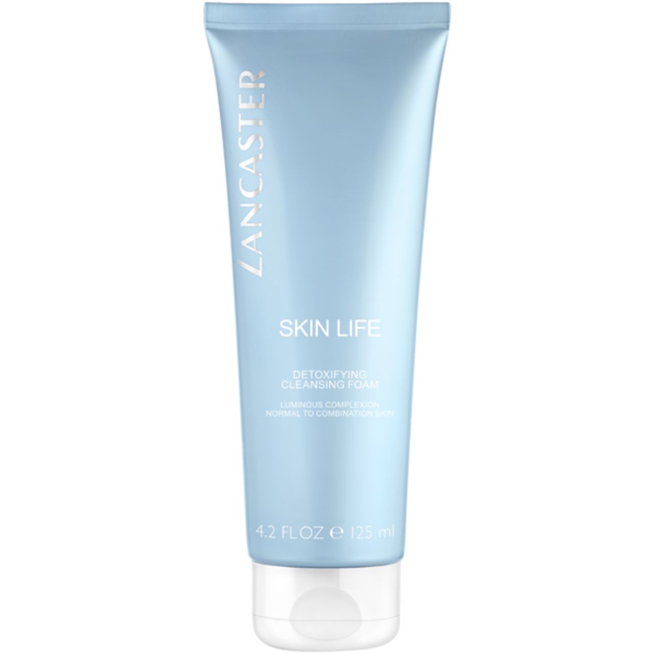 Hellblaue Tube mit weißem Verschluss. Aufschrift: Lancaster, Skin Life Detoxifying Cleansing Foam. 4.2 FL.OZ. 125 ml.
