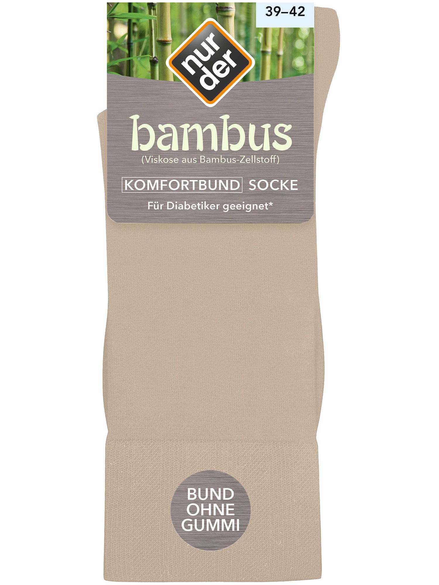 Beigegrau Socke mit Komfortbund. Text: Bambus, für Diabetiker geeignet. Marke: nur der.