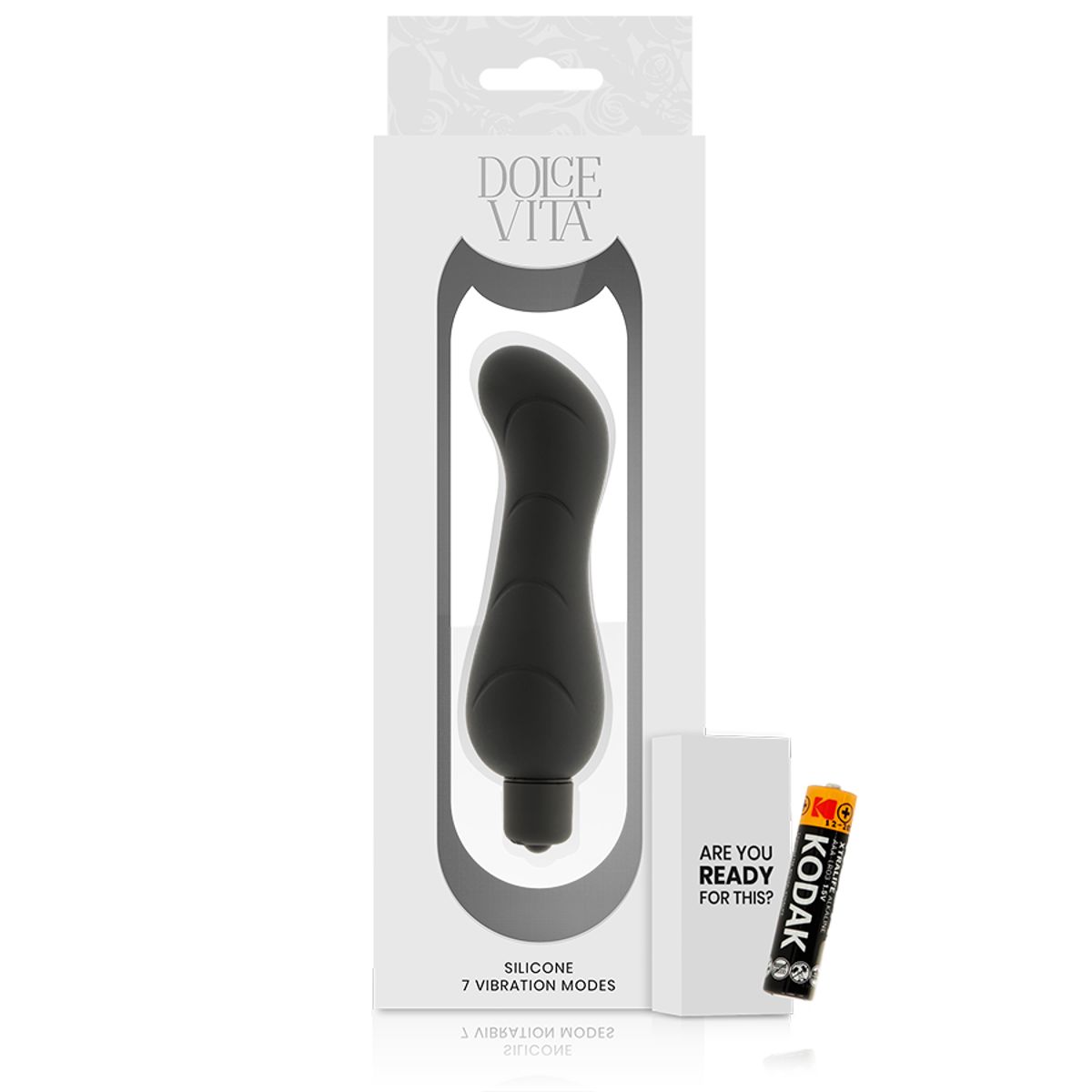 Verpackung mit schwarzem Minivibrator. Text: Dolce Vita, 7 Vibrationsmodi, Silikon. Daneben eine weiße Box und eine Kodak-Batterie.