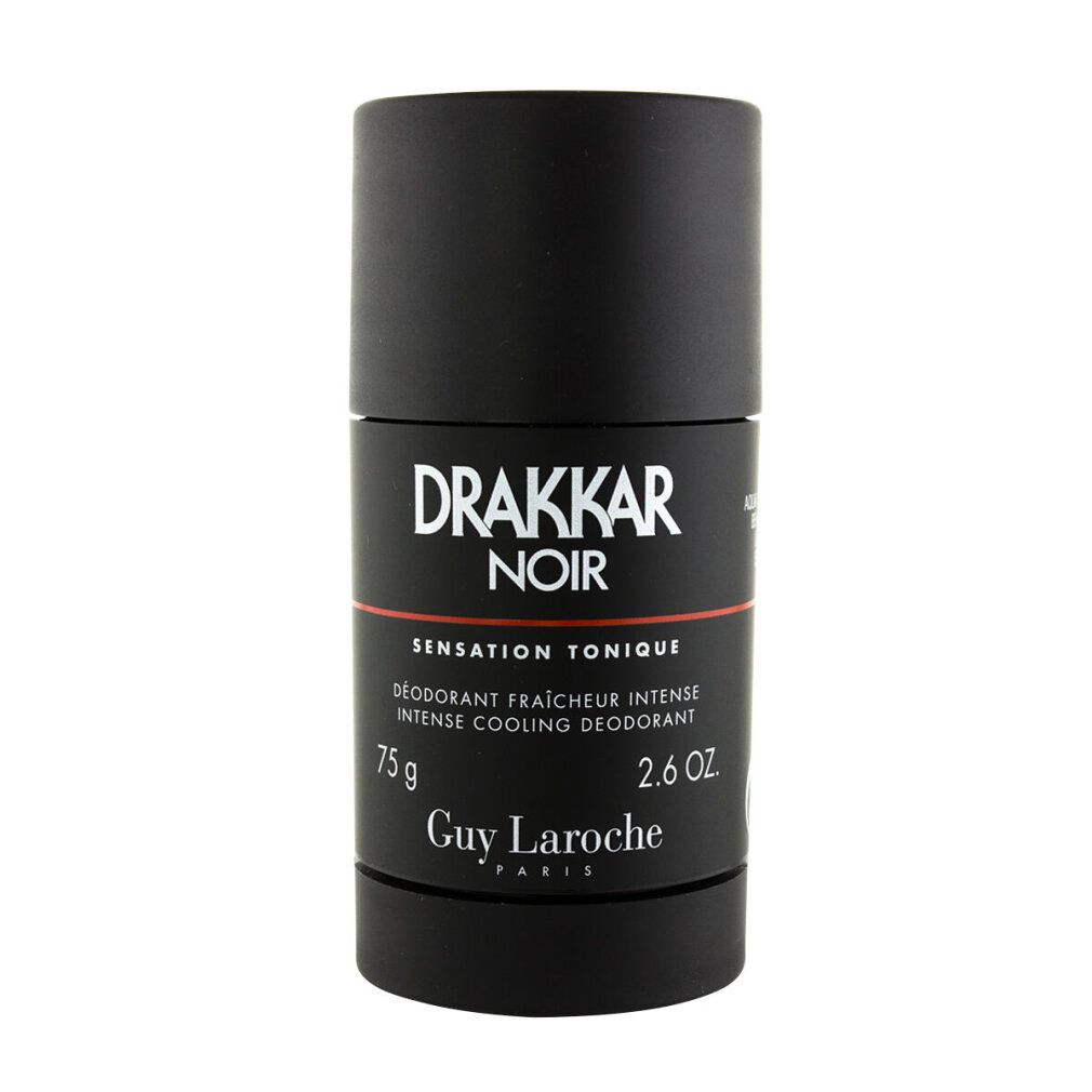 Schwarzer Deostift. Aufschrift: Drakkar Noir, Sensation Tonique, 75g, 2.6 OZ, Guy Laroche Paris. Zylindrische Form.
