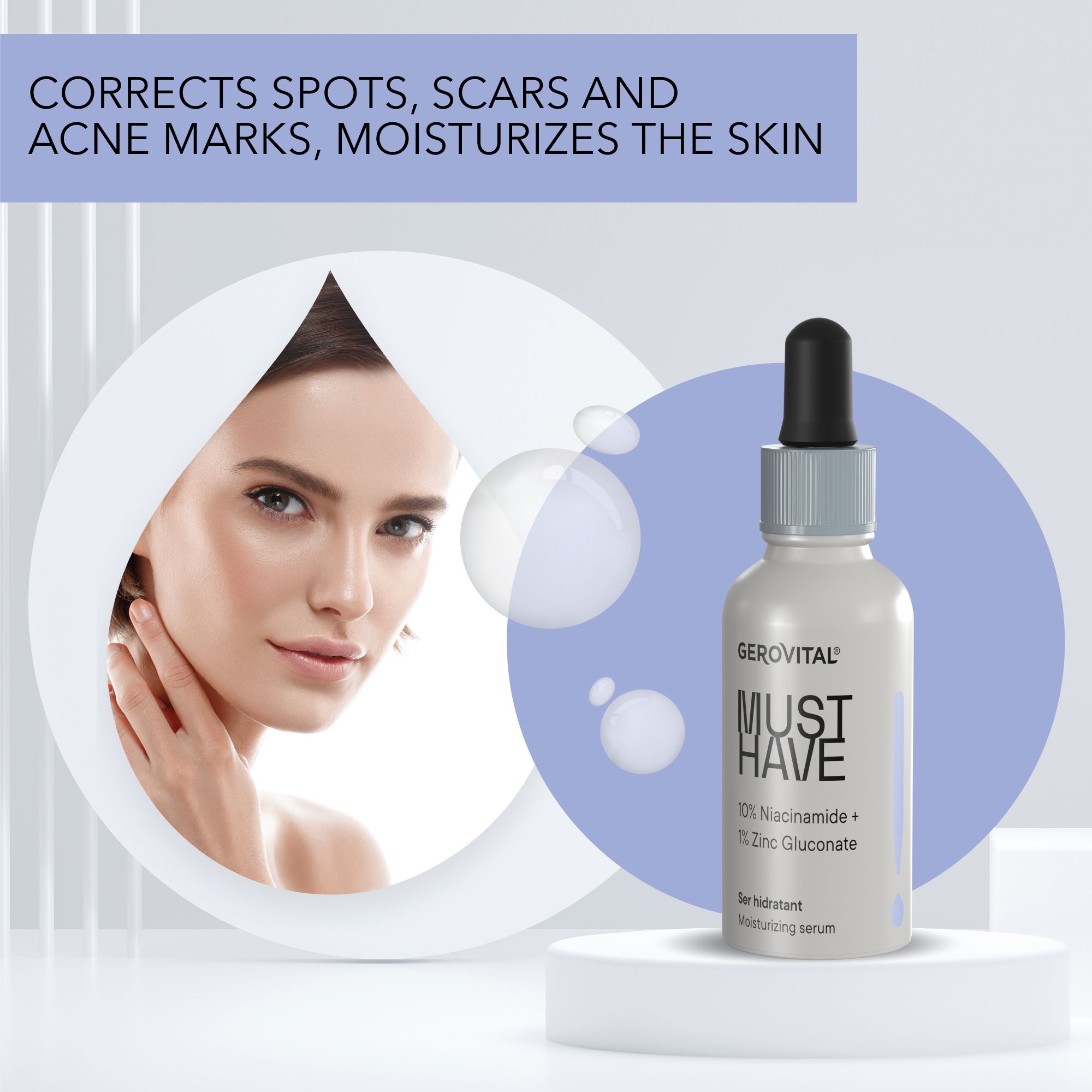 Gerovital Serum mit Pipette neben einem Frauenporträt. Text: MUST HAVE. 10% Niacinamid + 1% Zinkgluconat. Auf blauem Hintergrund.