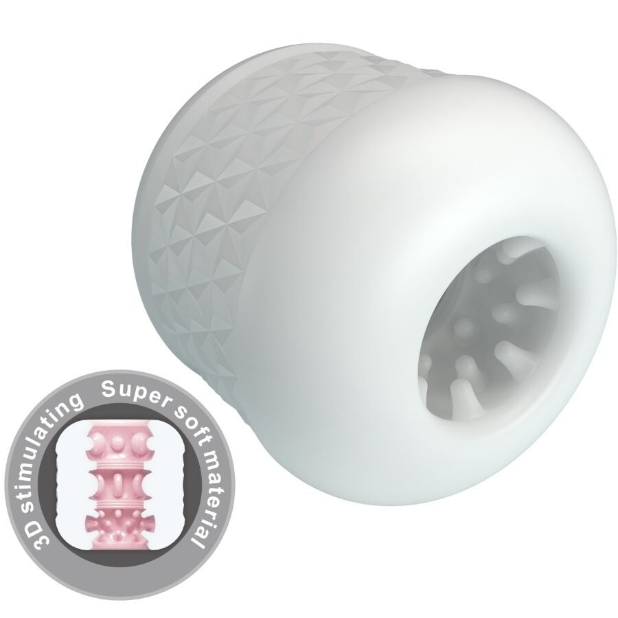 Weißer Masturbator mit geometrischem Muster und Öffnung. Abgebildet mit einem kleinen Bild, das die innere Struktur zeigt.