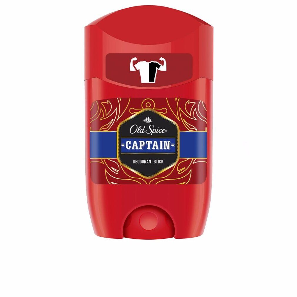 Roter Deostift. Oben Logo mit T-Shirt. Blaue Linie mit "CAPTAIN" und "DEODORANT STICK". Goldene Verzierungen.