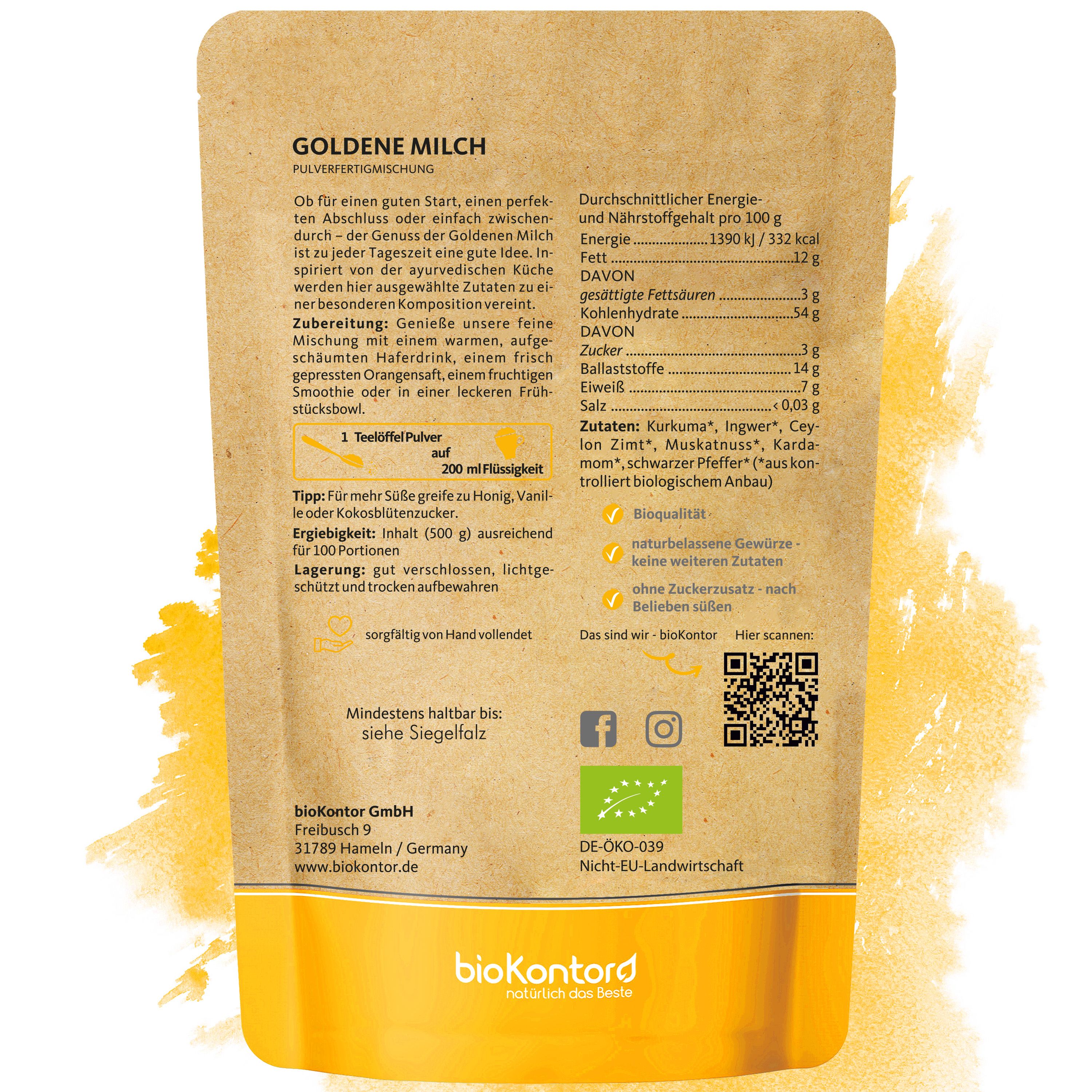 Bio-Kontor Goldene Milch Pulver: Zutatenliste, Nährwerte und Bio-Siegel auf brauner Papiertüte.