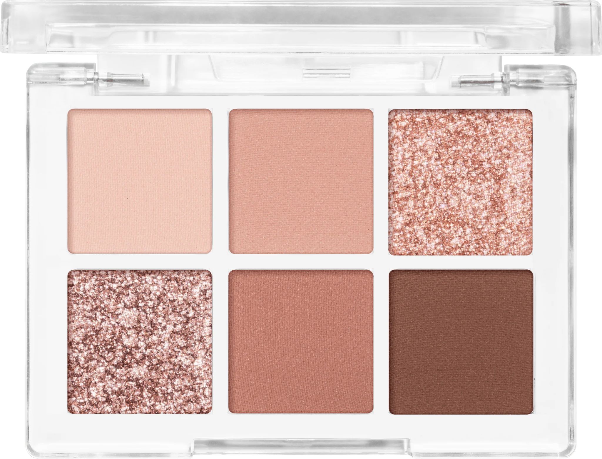Lidschatten-Palette mit sechs Farbtönen in quadratischen Pfannen. Klare Hülle.