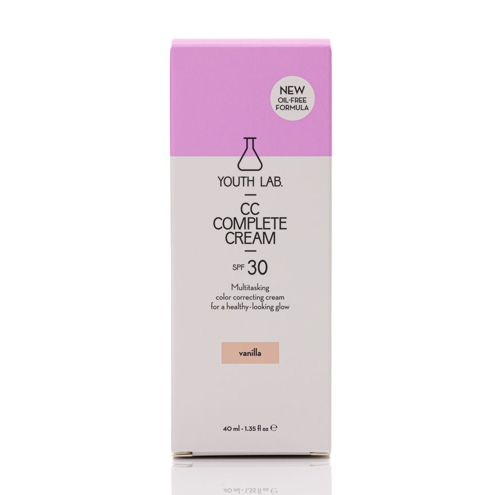 Verpackung von YOUTH LAB CC Complete Cream Vanilla. Weißer Karton mit rosa Akzenten. Text: CC Complete Cream SPF 30, Vanilla.