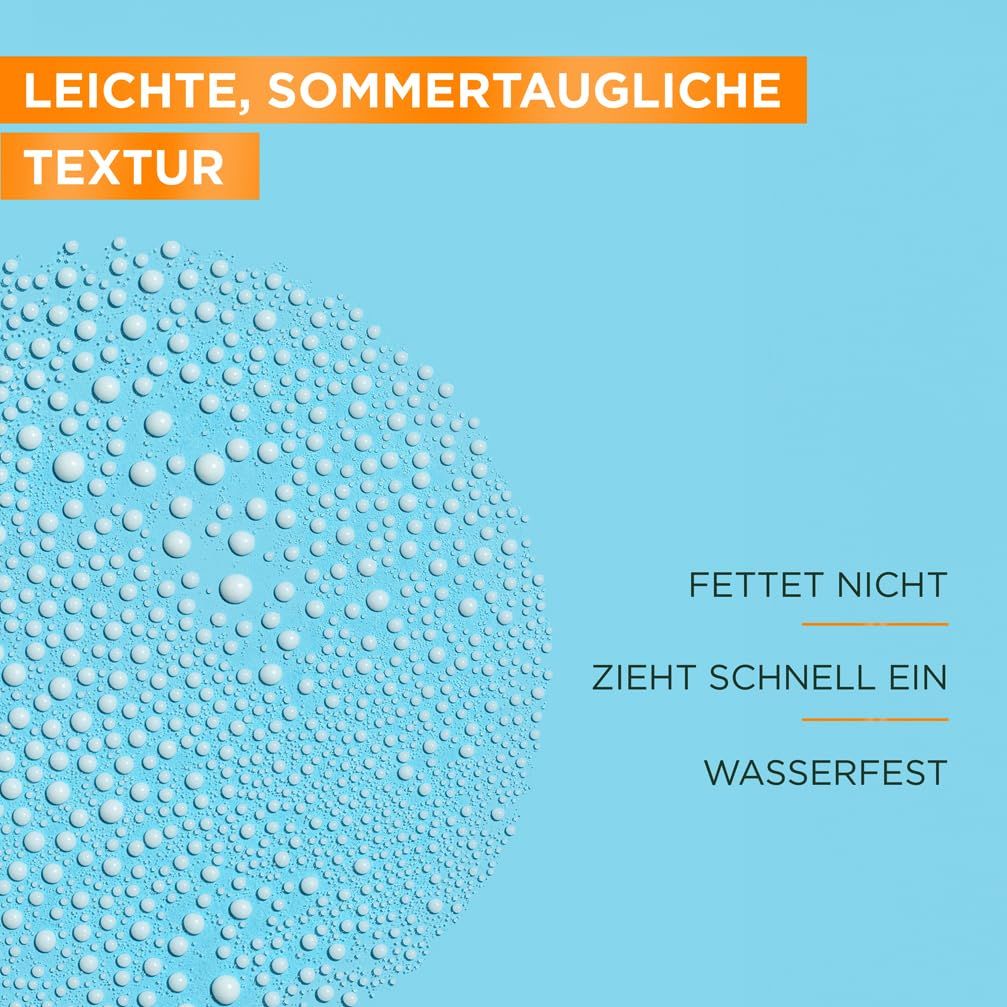 Blauer Hintergrund mit Wassertropfen. Text: Leichte, sommertaugliche Textur. Fettet nicht, zieht schnell ein, wasserfest.