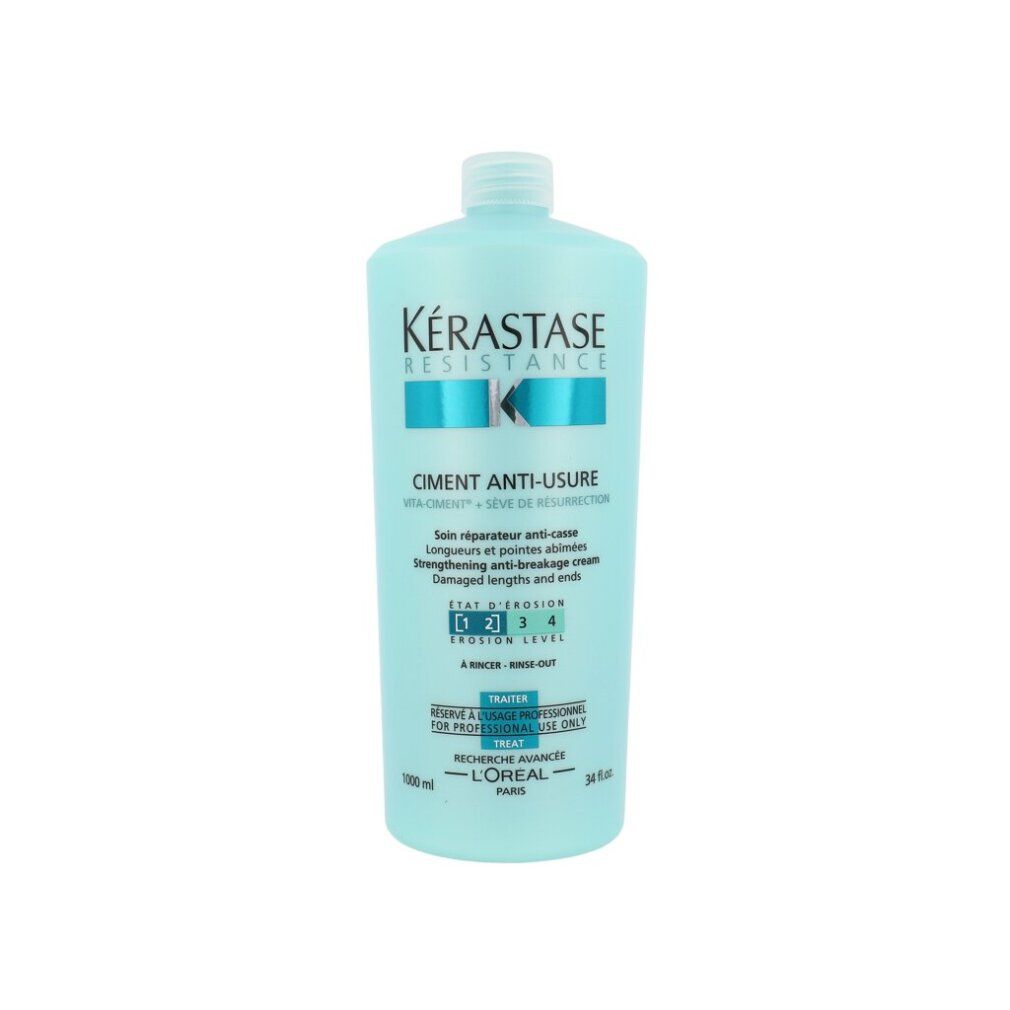 Kerastase Resistance Ciment Anti-Usure Cream. Hellblaue Flasche mit weißem Deckel. Produktname und Logo sichtbar.