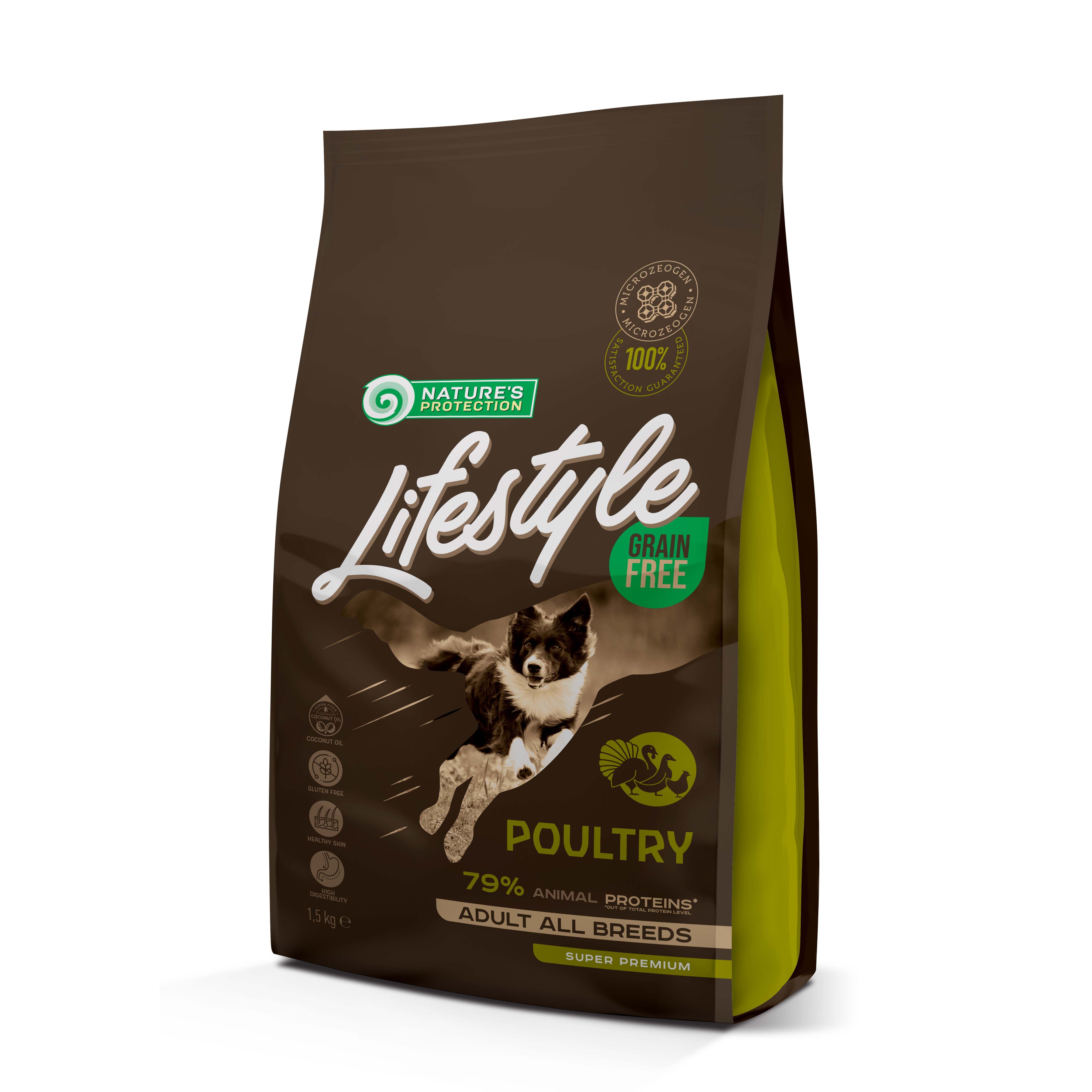 Braune Tüte mit Hundefutter. Aufschrift: Lifestyle, Grain Free, Poultry, 79% tierische Proteine, Adult All Breeds.