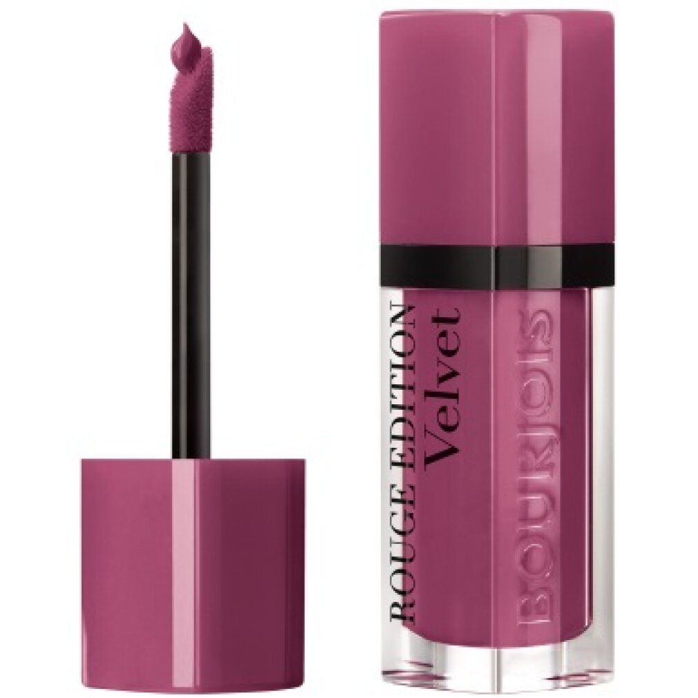 Lippenstift mit Applikator. Aufschrift: Bourjois Rouge Edition Velvet. Farbe: Rosa-Lila.