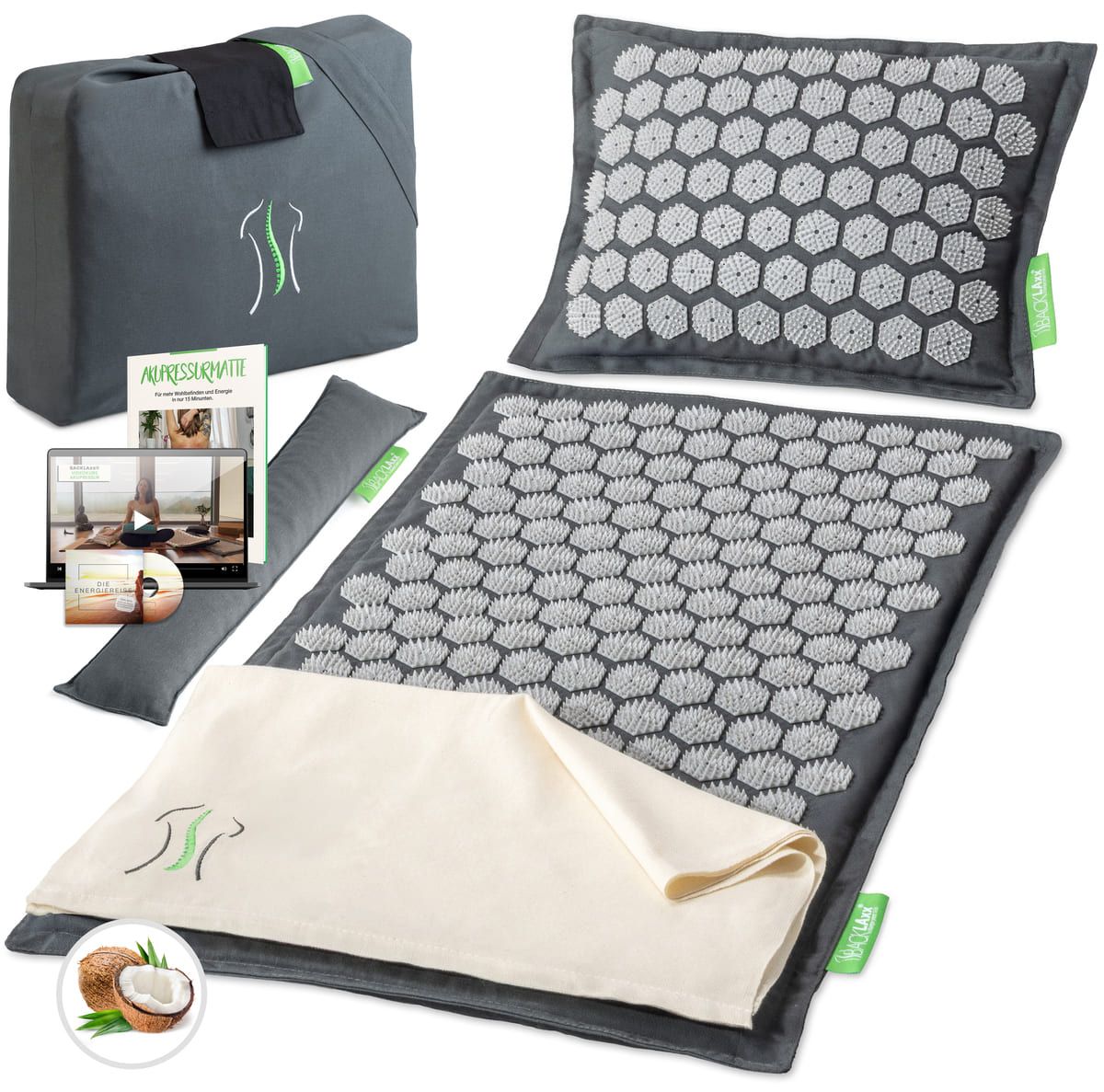 Komplettes Akupressurmatten-Set mit Matte, Kissen, Tasche, Handtuch, DVD und Broschüre. Kokosfaser- und Naturgummifüllung.