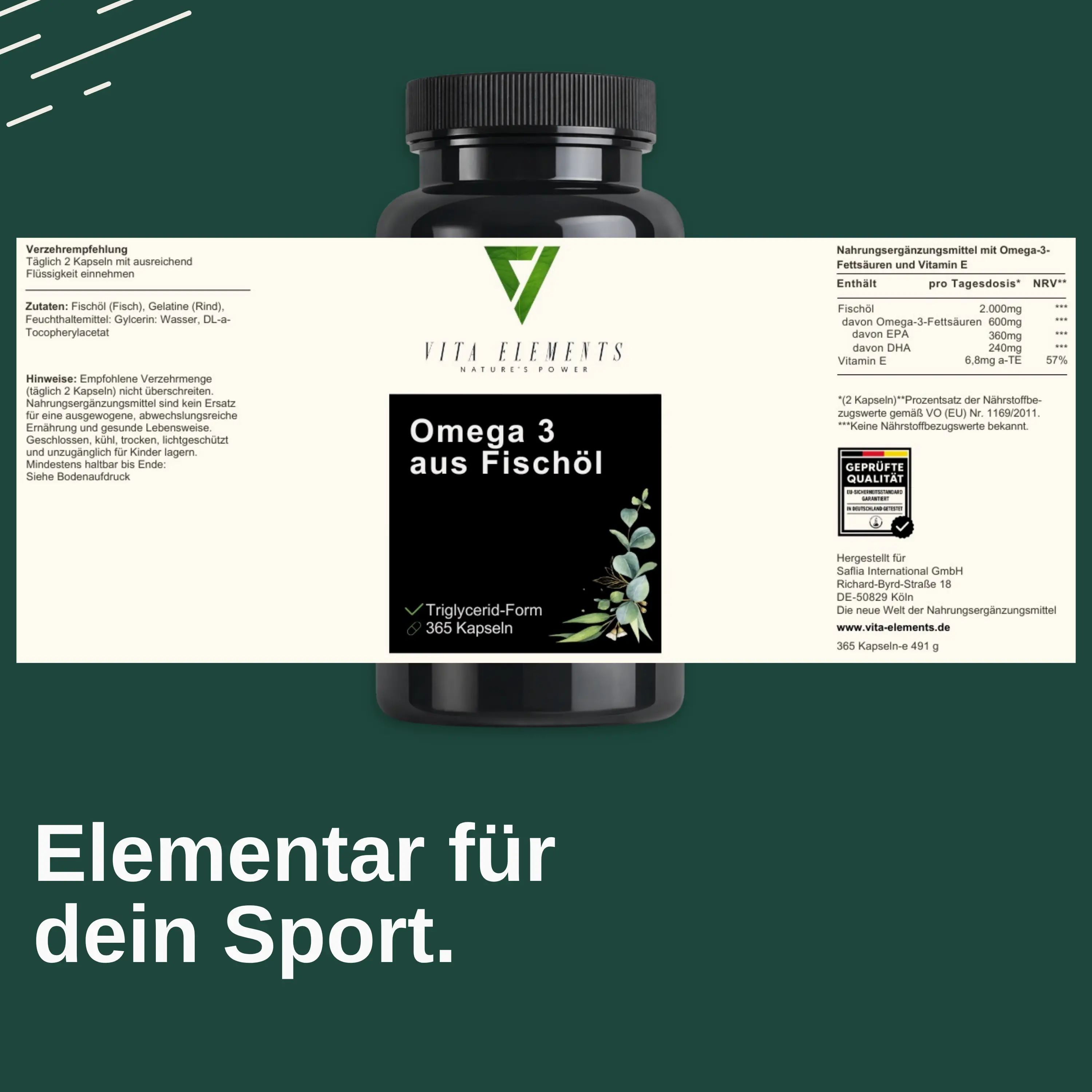 Etikett von Vita Elements Omega 3 Fischöl Kapseln: 365 Kapseln, Triglycerid-Form, mit Vitamin E.