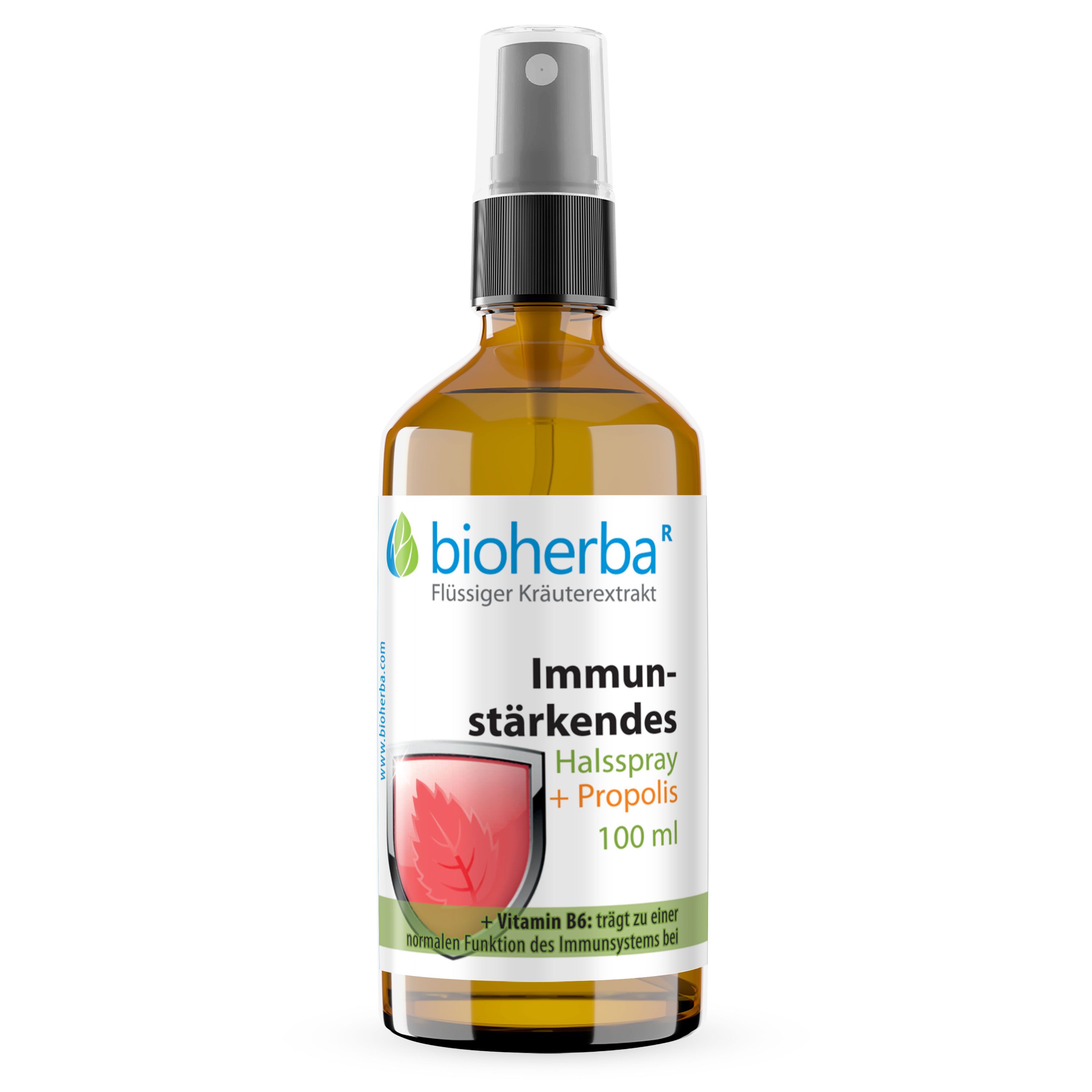 Braune Flasche mit Sprühkopf. Produktname und Marke: Bioherba. Text: Immunstärkendes Halsspray + Propolis. 100 ml.