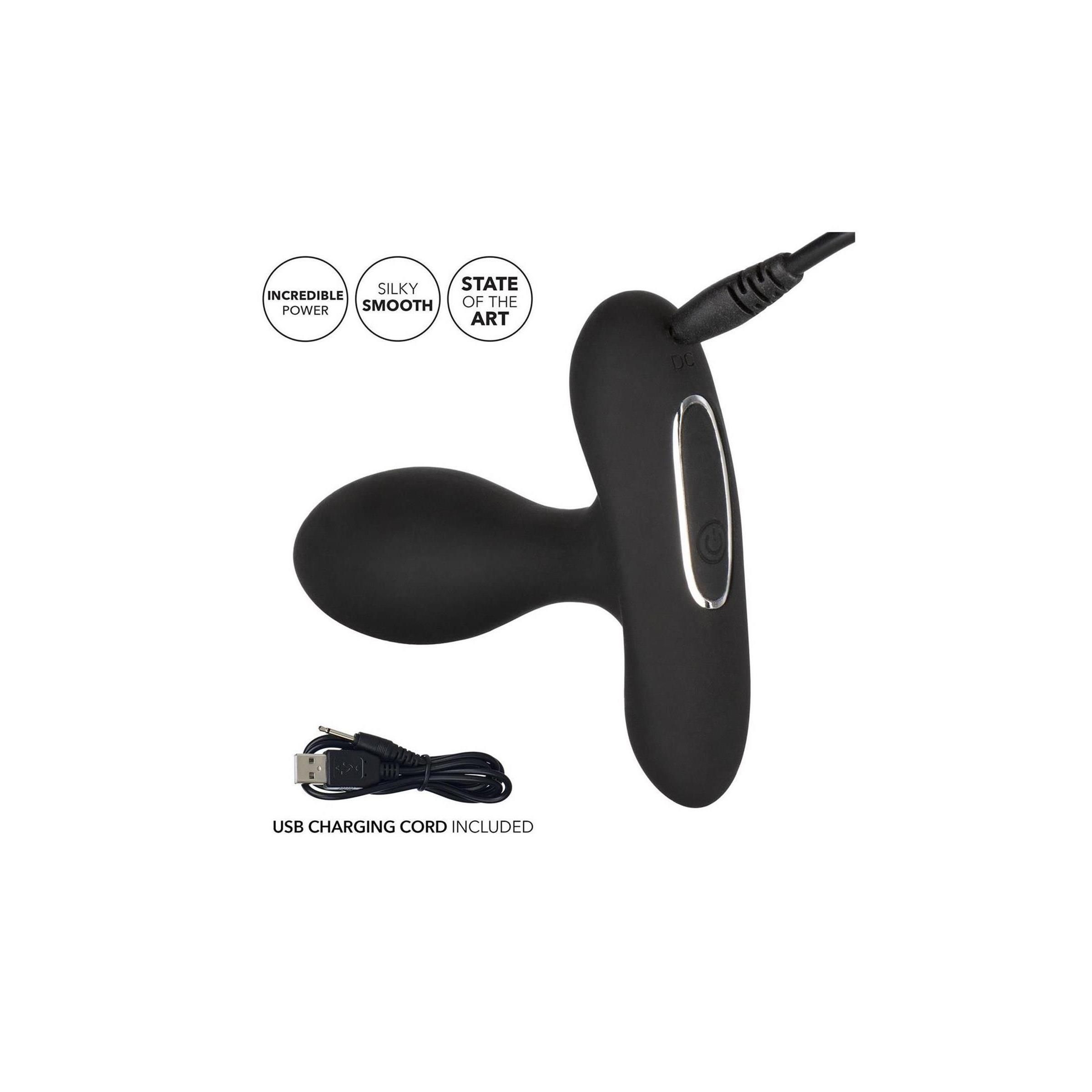 Schwarzer Anal-Probe mit USB-Ladekabel. Produkt mit Ladekabel verbunden. Zusätzliche Icons mit Produktinformationen.