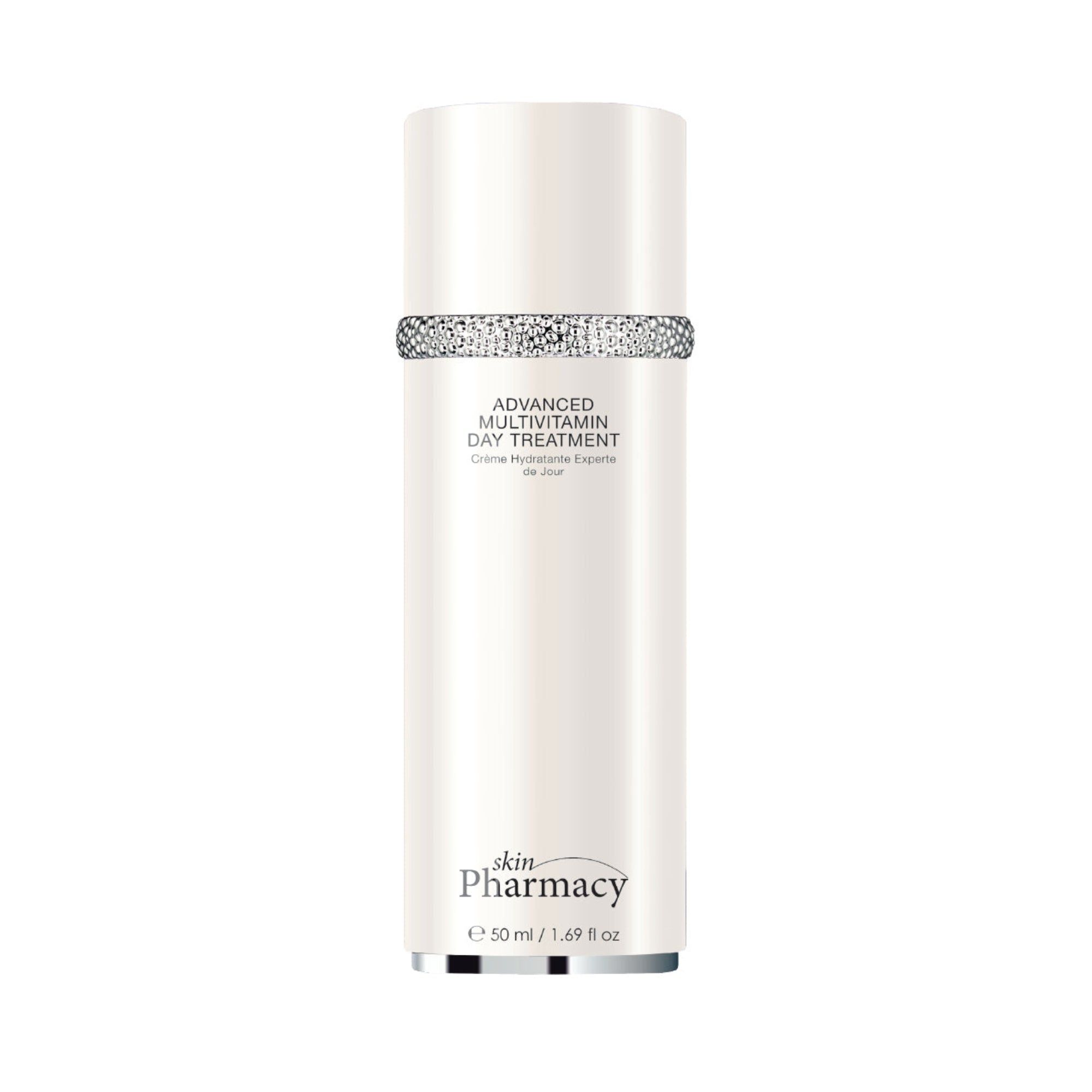 Weißer Flakon mit silbernem Ring. Aufschrift: Advanced Multivitamin Day Treatment. Marke: skinPharmacy.