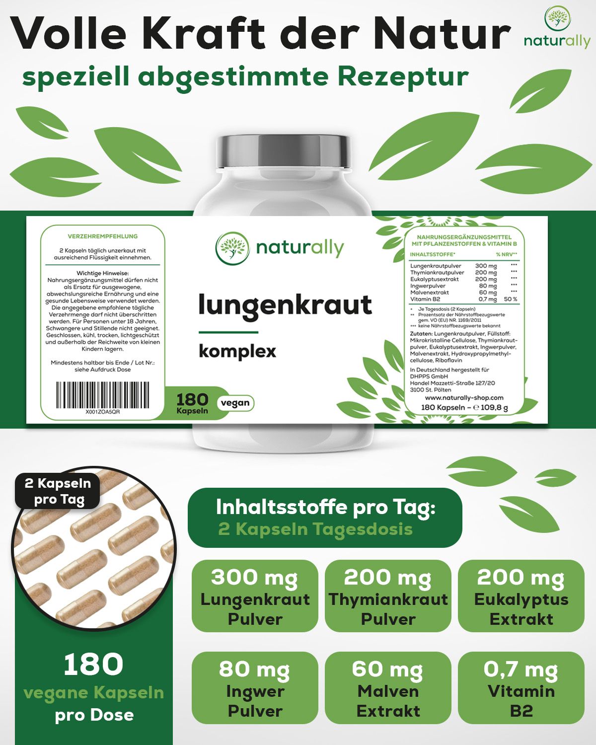 Werbetafel mit Flasche und Text. naturally Lungenkraut Komplex, 180 Kapseln, vegan. Inhaltsstoffe pro Tag.