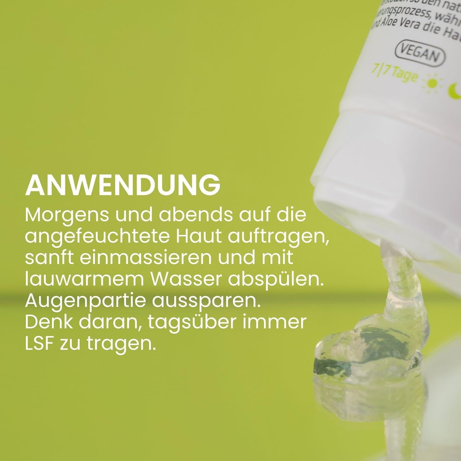 Gel Cleanser wird aus einer Tube gegossen. Text: "Anwendung".