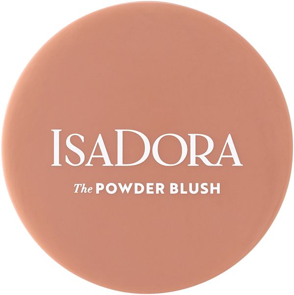 Runder, rosafarbener IsaDora Powder Blush-Behälter. Weißer Schriftzug: IsaDora, The Powder Blush.