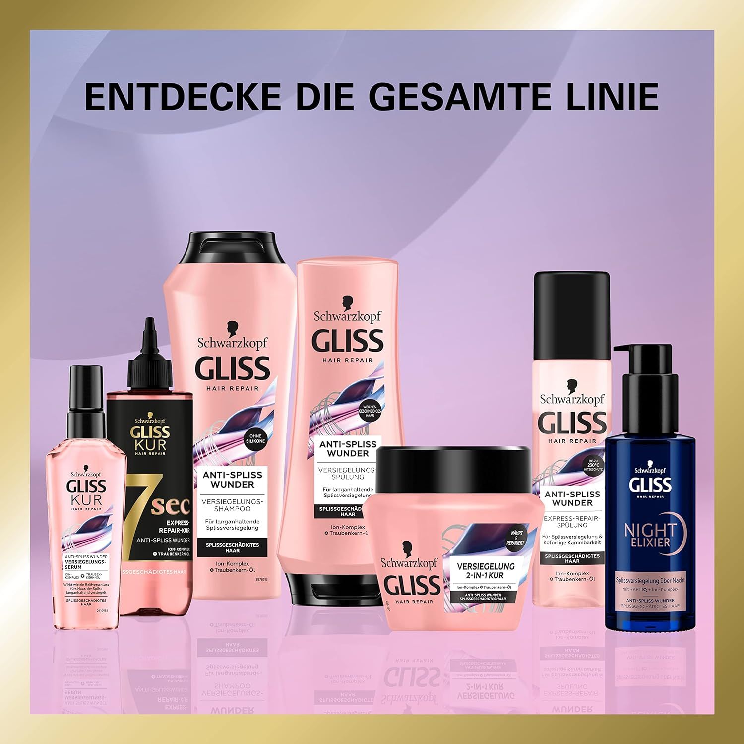 Verschiedene Schwarzkopf Gliss Produkte. Darunter: Shampoo, Spülung, Kuren und Night Elixier.