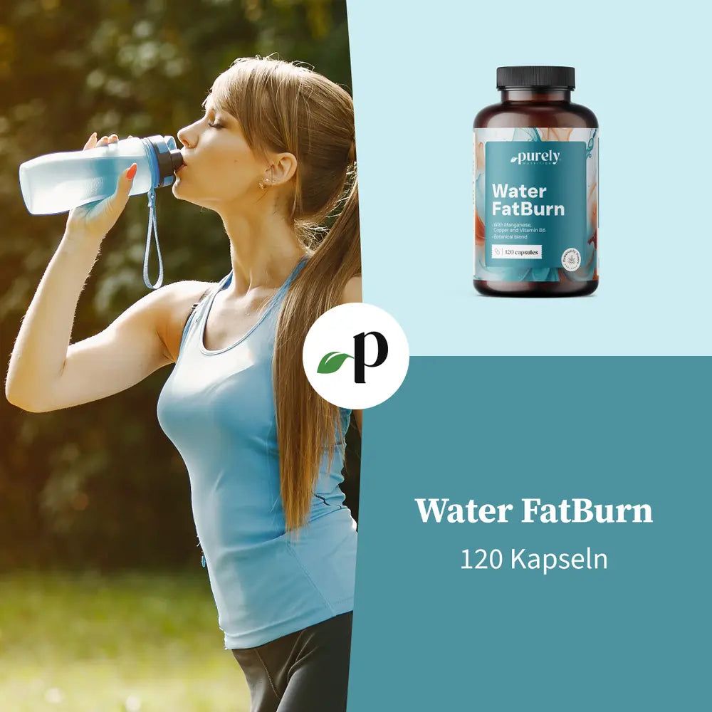 Flasche Purely Nutrition Water FatBurn (120 Kapseln) mit Pflanzenzweigen.