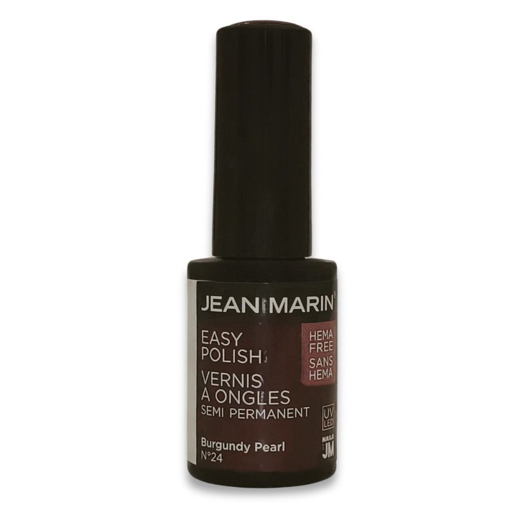 Nagellackflasche von Jean Marin. Dunkelbraune Flasche mit schwarzem Deckel. Aufschrift: Easy Polish, Vernis à Ongles, Semi Permanent.