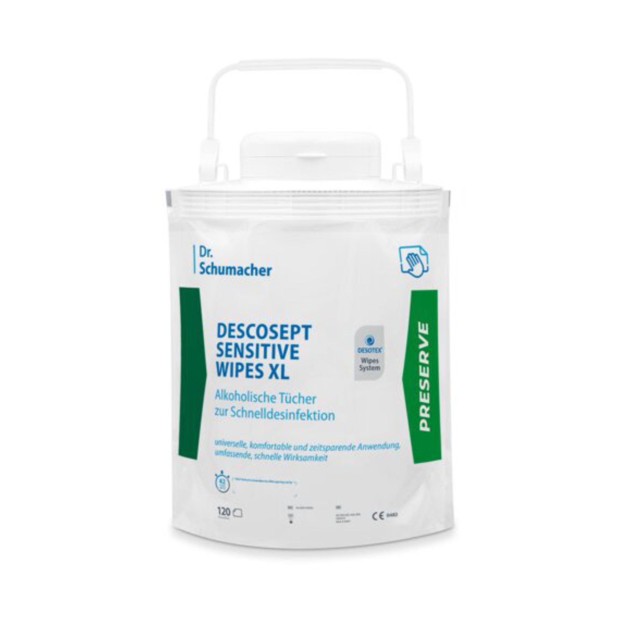 Dr. Schumacher Descosept Sensitive Wipes XL Spender mit alkoholischen Tüchern zur Schnelldesinfektion.