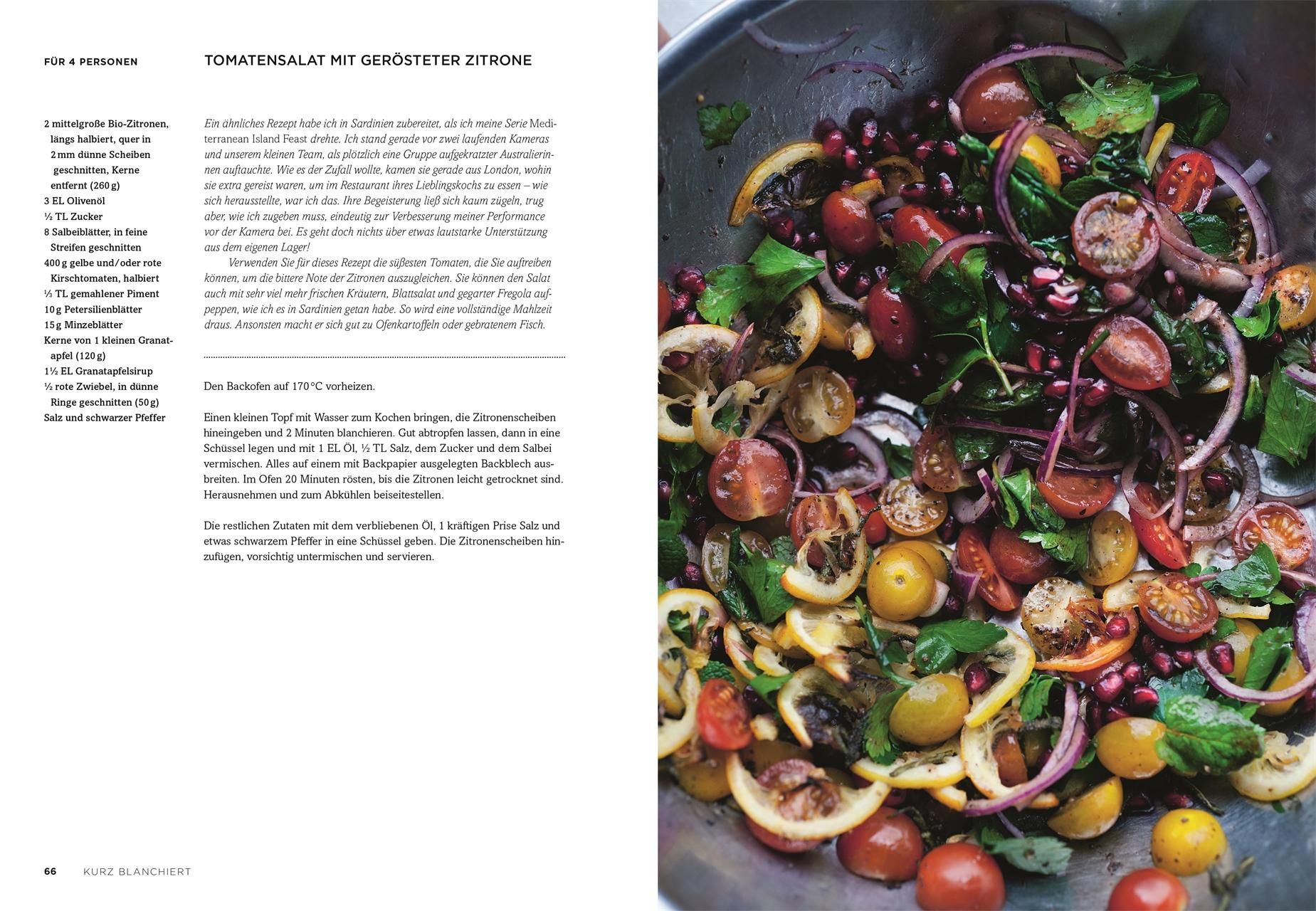 Buchseite mit Rezept und Foto von Tomatensalat mit gerösteter Zitrone. Text in deutscher Sprache.