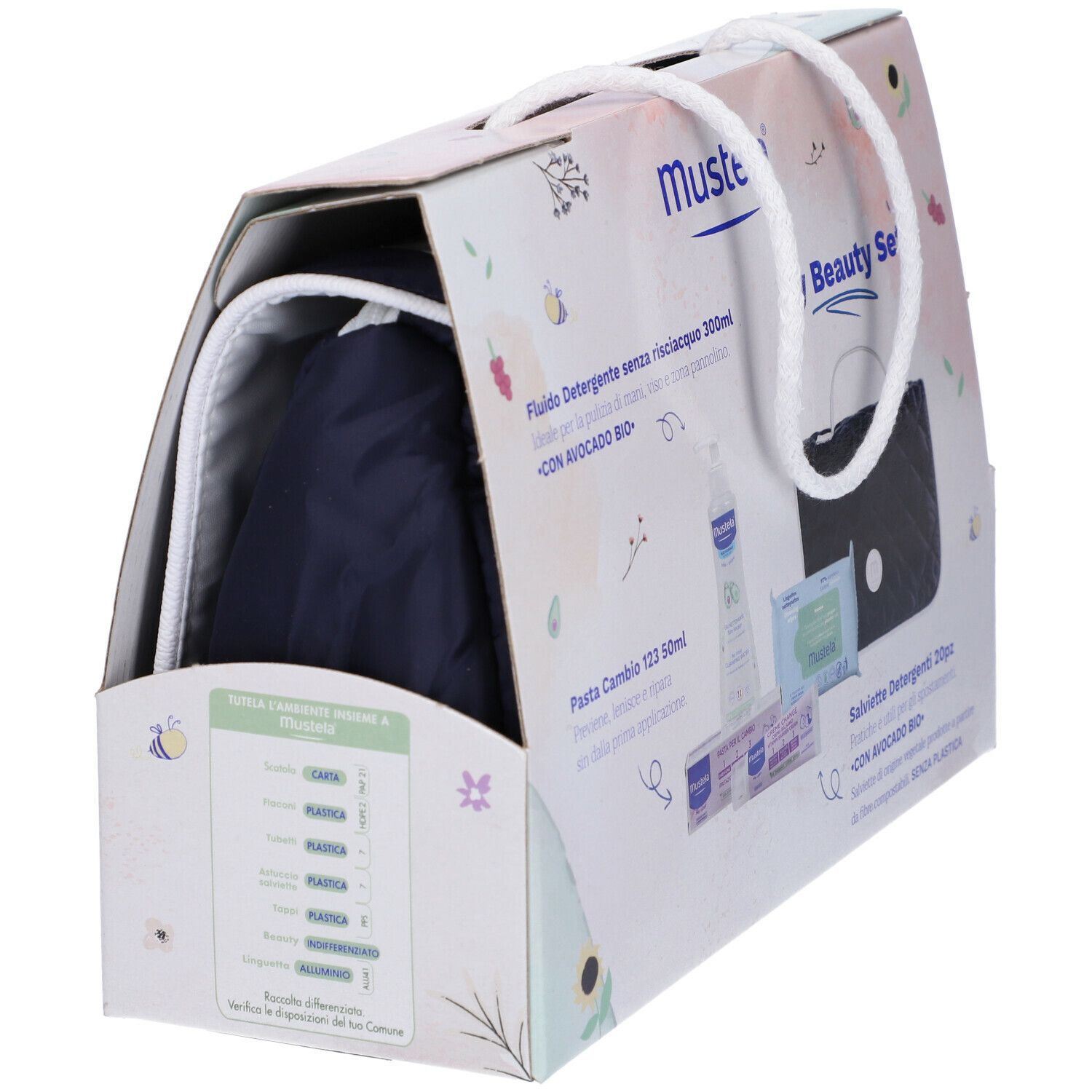 Confezione aperta del Mustela My Beauty Set. Prodotti parzialmente visibili. Contiene una borsa cosmetica blu scuro.