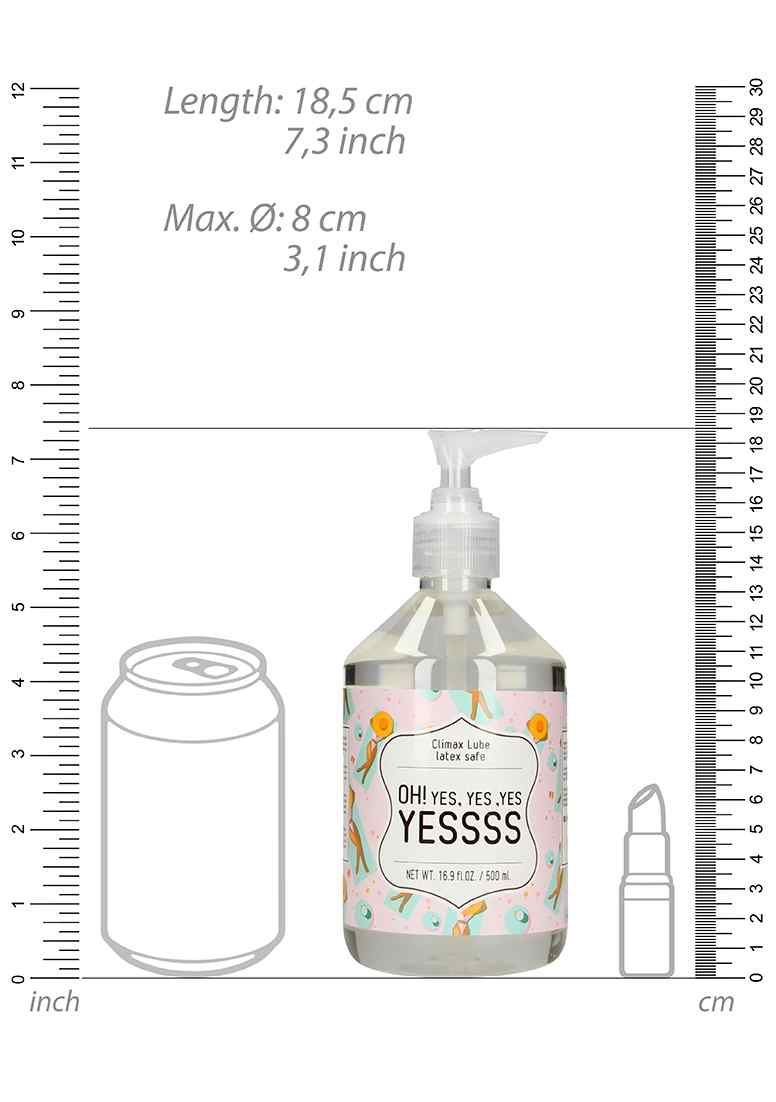 Flasche mit Pumpe. Aufkleber mit Text: OH! YES. YES. YES. YESSSS. Maße: 18,5 cm hoch, 8 cm Durchmesser. Latex Safe.