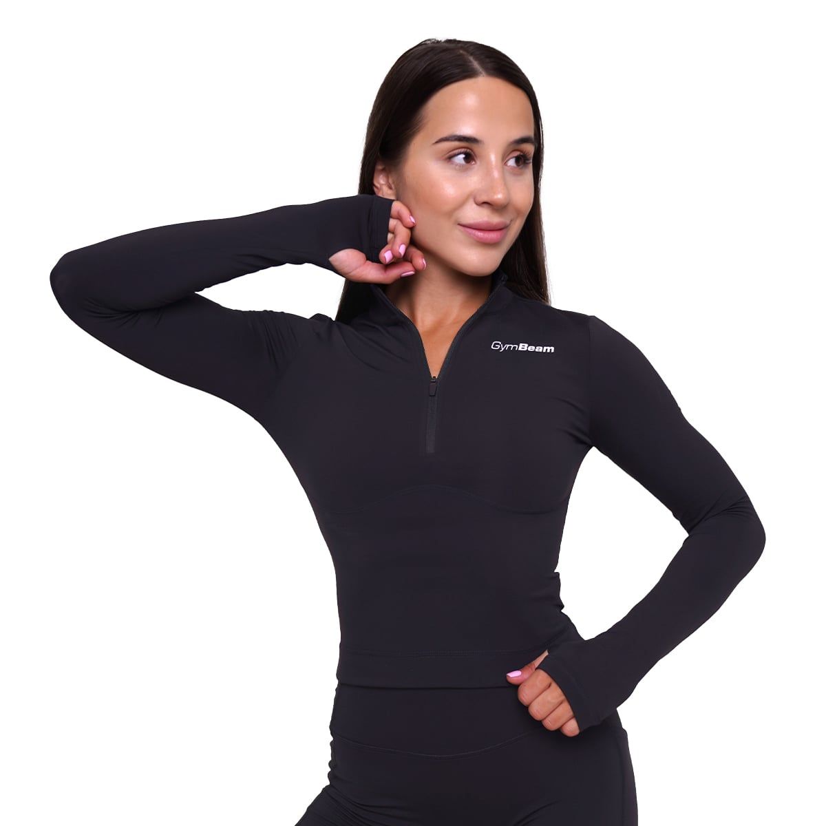 GymBeam Sport-Top Damen Ignite körpernah mit Kragen und Langarm in Schwarz