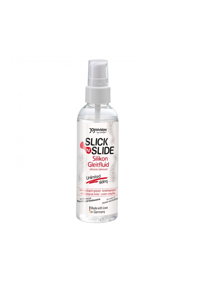 Transparente Flasche mit Sprühkopf. Aufschrift: Slick'N'Slide Silikon Gleitfluid. Dermatologisch getestet. Für Dusche und Badewanne.