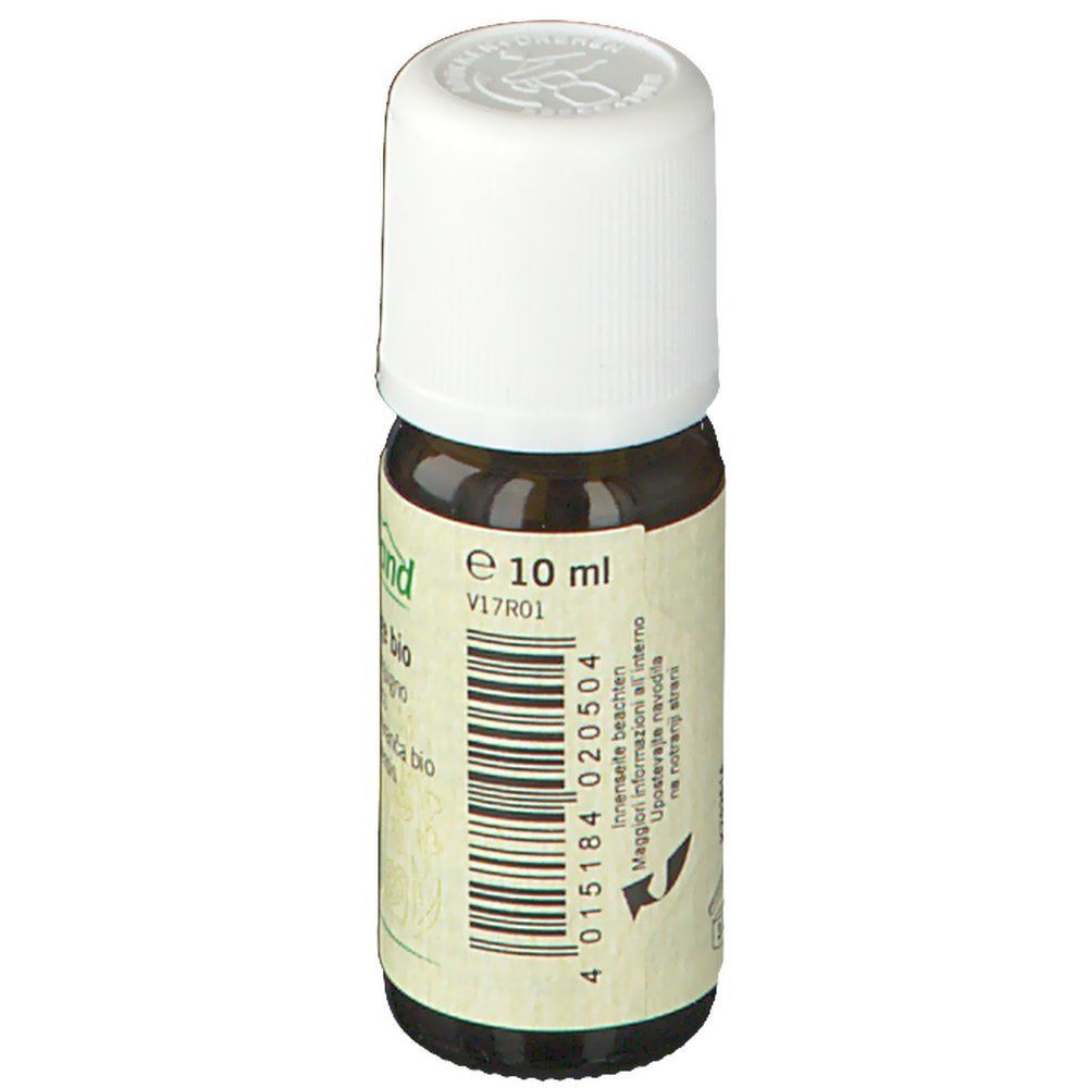 Braune Glasflasche mit weißem Deckel. Aufkleber mit Text und Barcode. "e 10 ml" sichtbar.