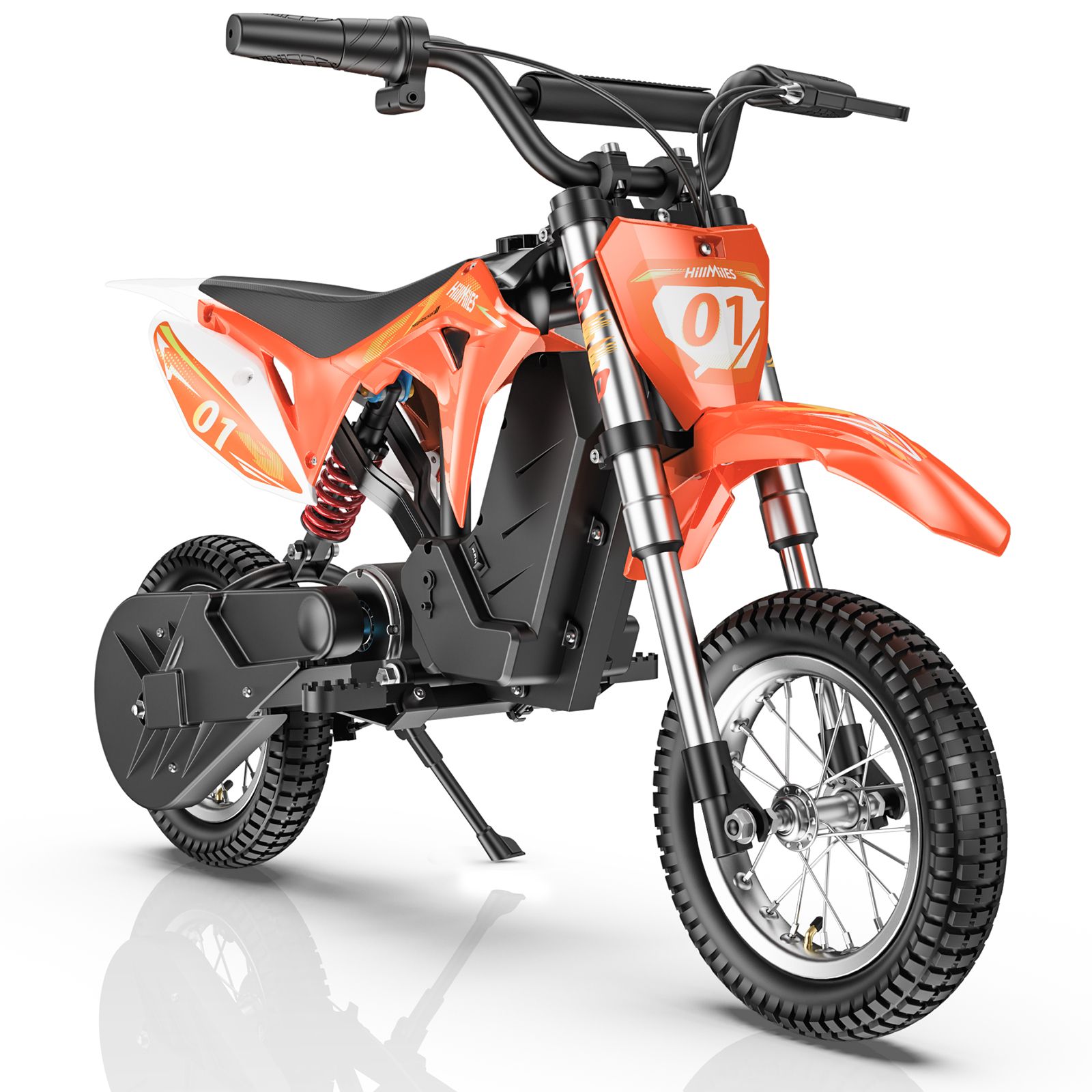 Orangefarbenes Elektro-Motorrad für Kinder. Schwarze Reifen, Lenker und Sitz. Weiße und schwarze Details. Nummer 01.