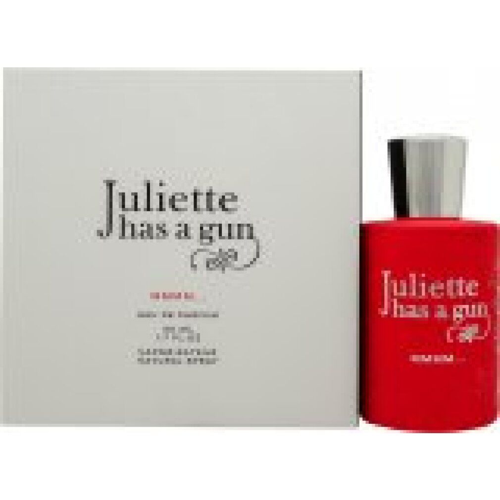 Roter Flakon mit silbernem Deckel neben weißer Schachtel. Aufschrift: Juliette has a gun Mmmm…