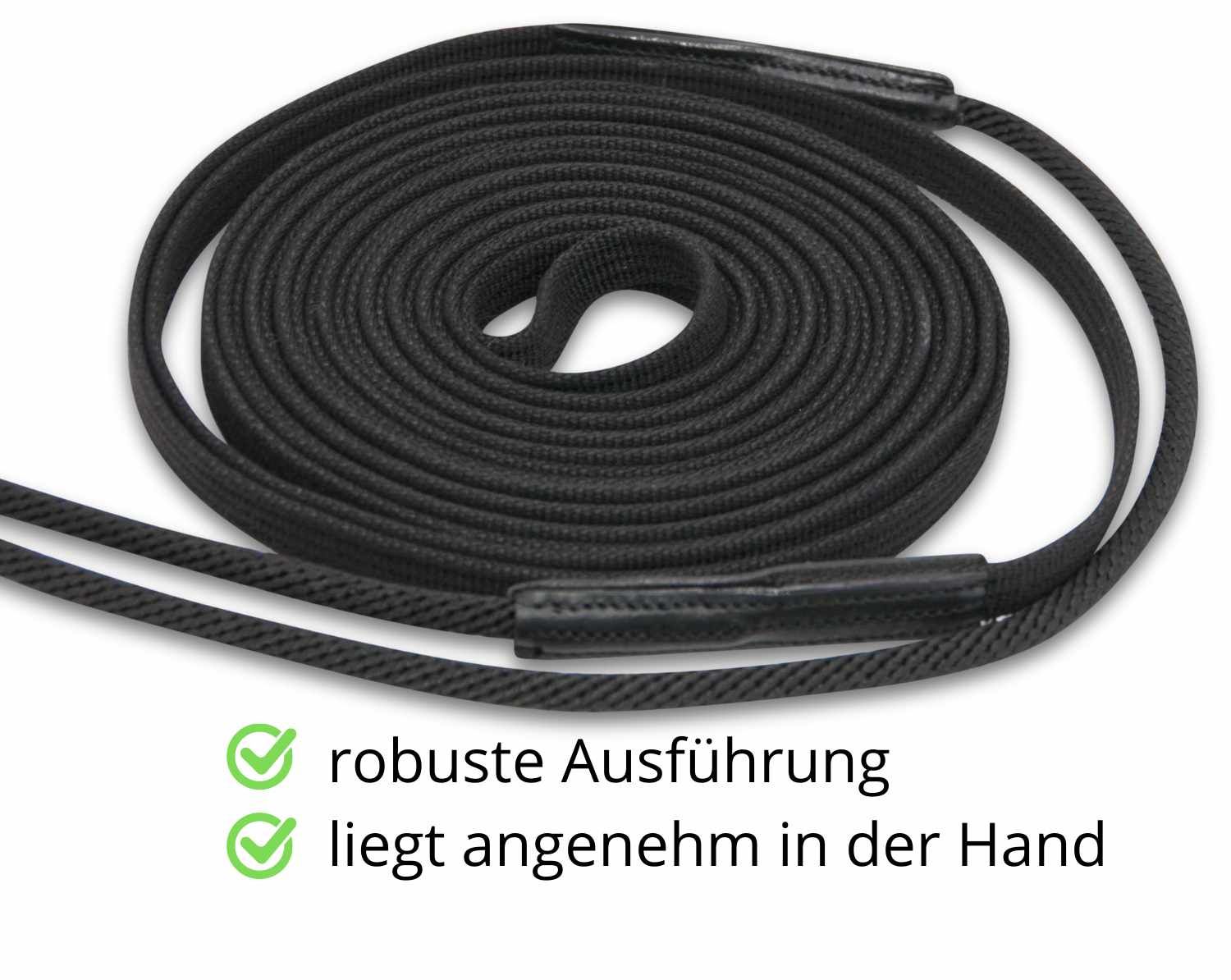 Schwarze Doppellonge, aufgerollt. Text: robuste Ausführung, liegt angenehm in der Hand.