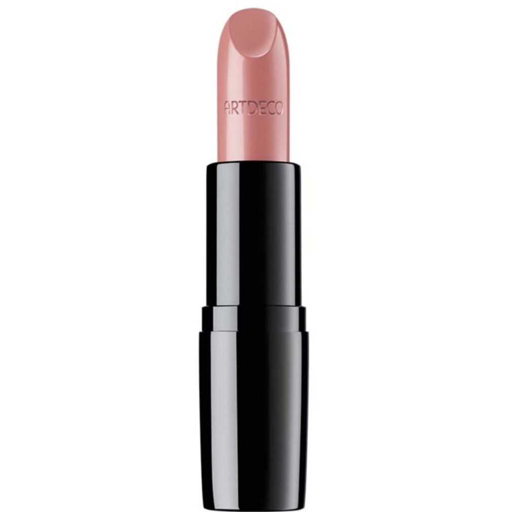Ein heller, rosafarbener Lippenstift in einem schwarzen Gehäuse mit sichtbarem Markennamen.