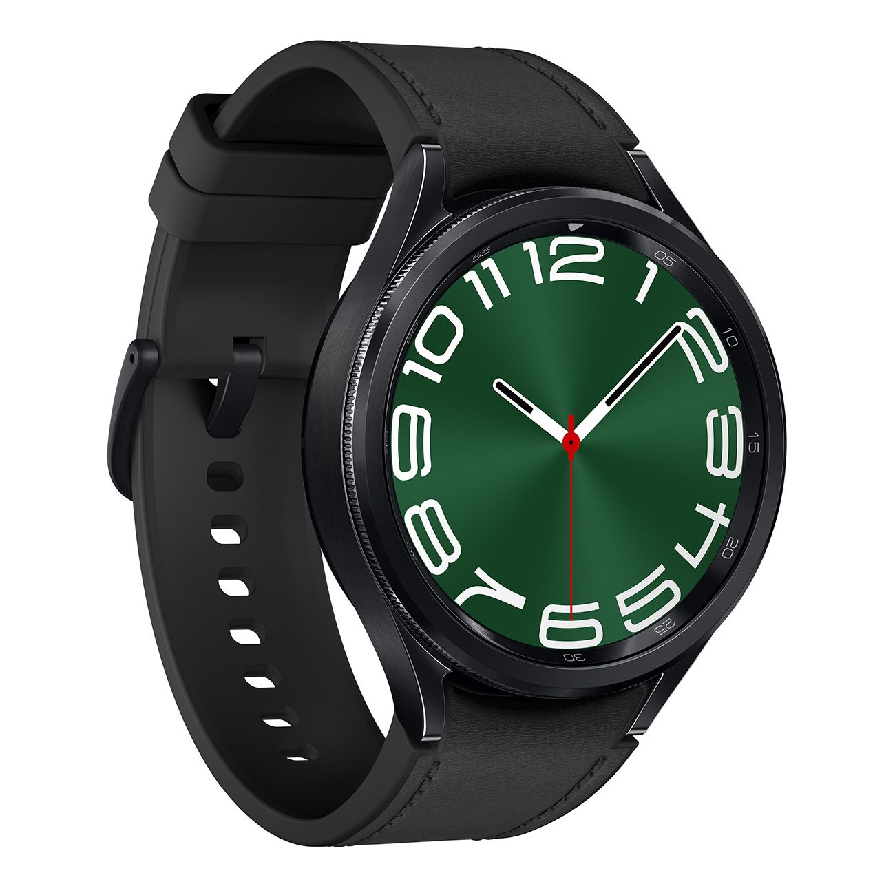 Schwarze Smartwatch mit grünem Zifferblatt und weißen Ziffern. Schwarzes Armband. Roter Akzent am Gehäuse.
