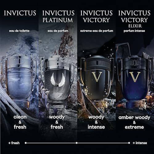 Vier Flakons. Invictus Eau de Toilette, Platinum, Victory, Elixir. Text: clean & fresh, woody & fresh, woody & intense, amber woody & extreme.
