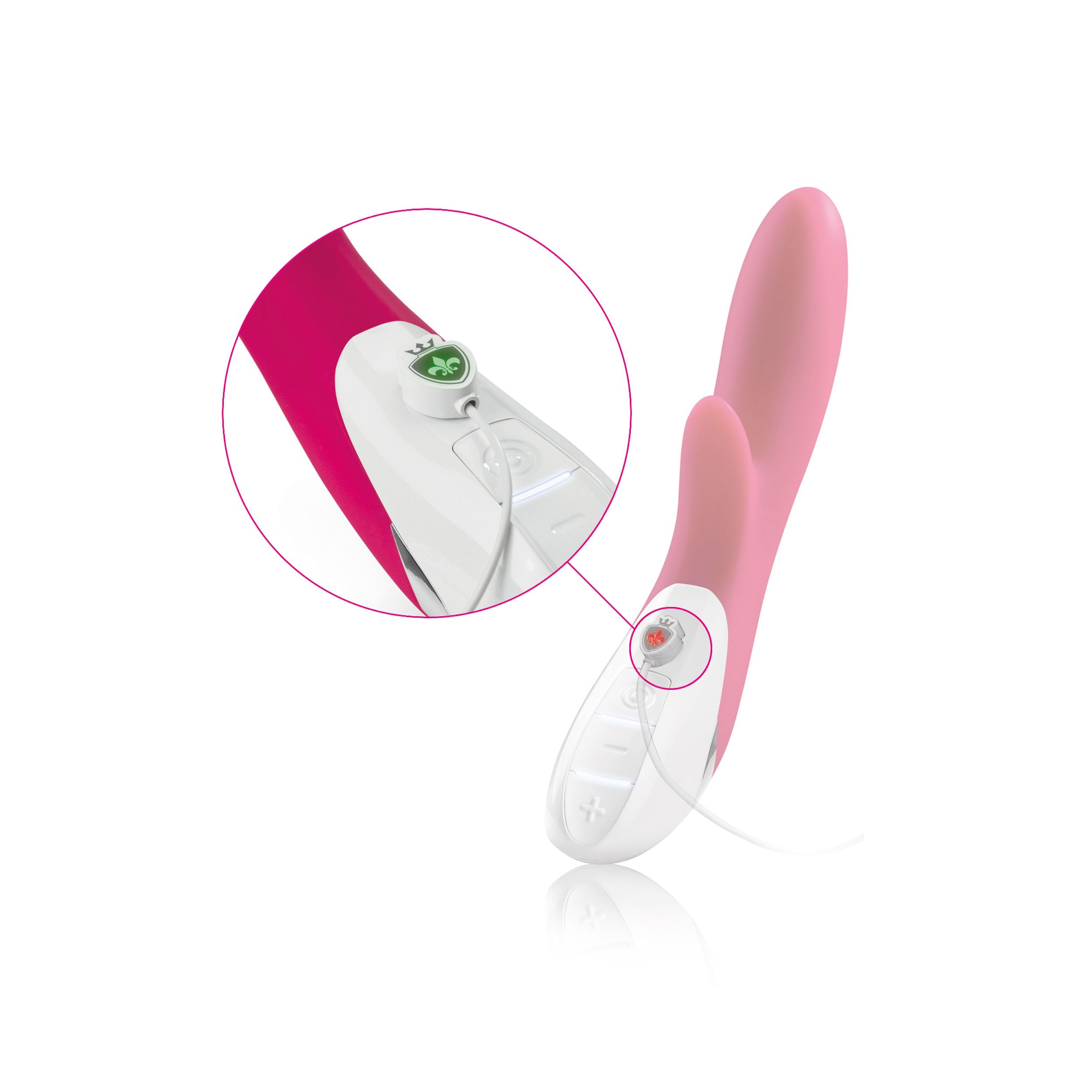 Wellness-Produkt mit weißem Bedienfeld und Kabel. Detailansicht mit grünem Logo und rotem Knopf.