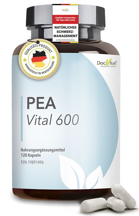 Braune Flasche mit weißen Kapseln. Aufschrift: PEA Vital 600, 120 Kapseln. Siegel: Qualitäts-Produkt, hergestellt in Deutschland.