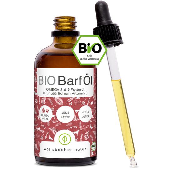 Braune Glasflasche mit Tropfer. Text: Bio Barf Öl, Omega 3-6-9, mit natürlichem Vitamin E, für Hunde/Katzen, jede Rasse, jedes Alter.